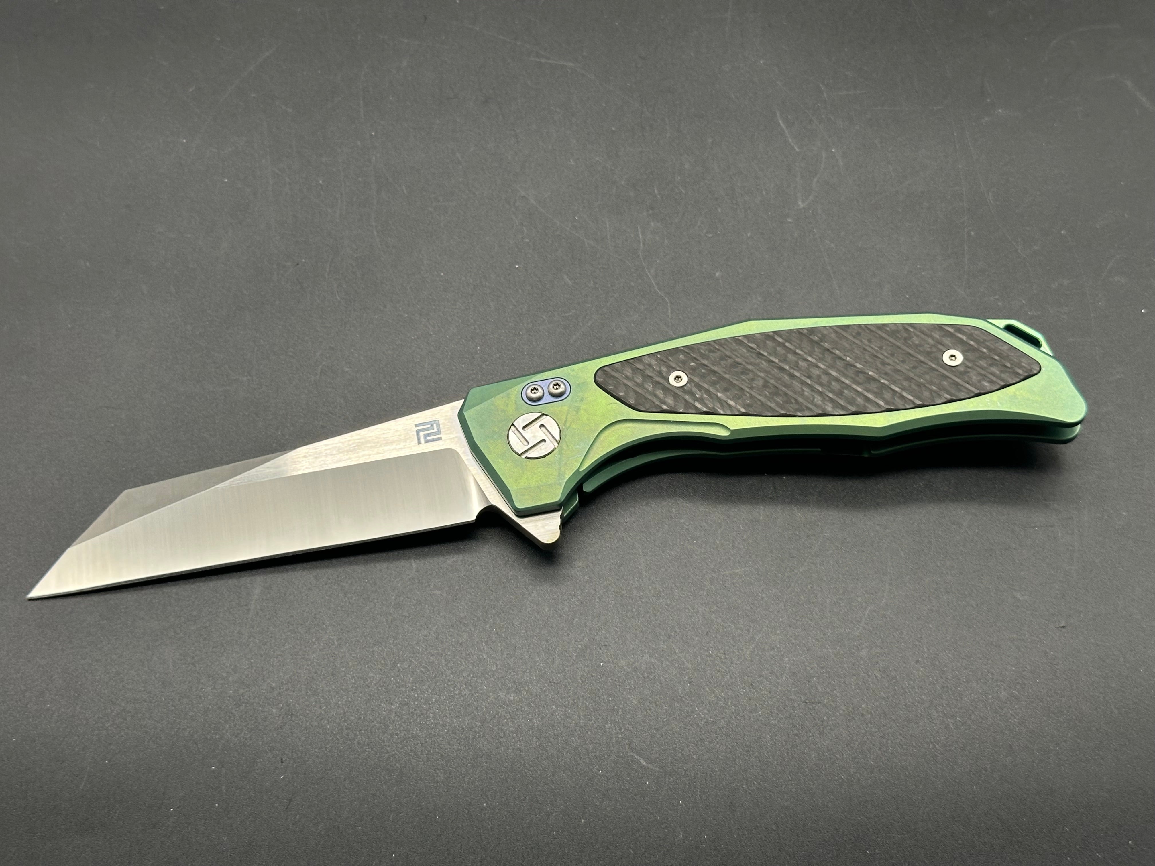 Artisan Cutlery Megahawk S35VN Wharncliffe, Green TI Handles w/CF Inlays