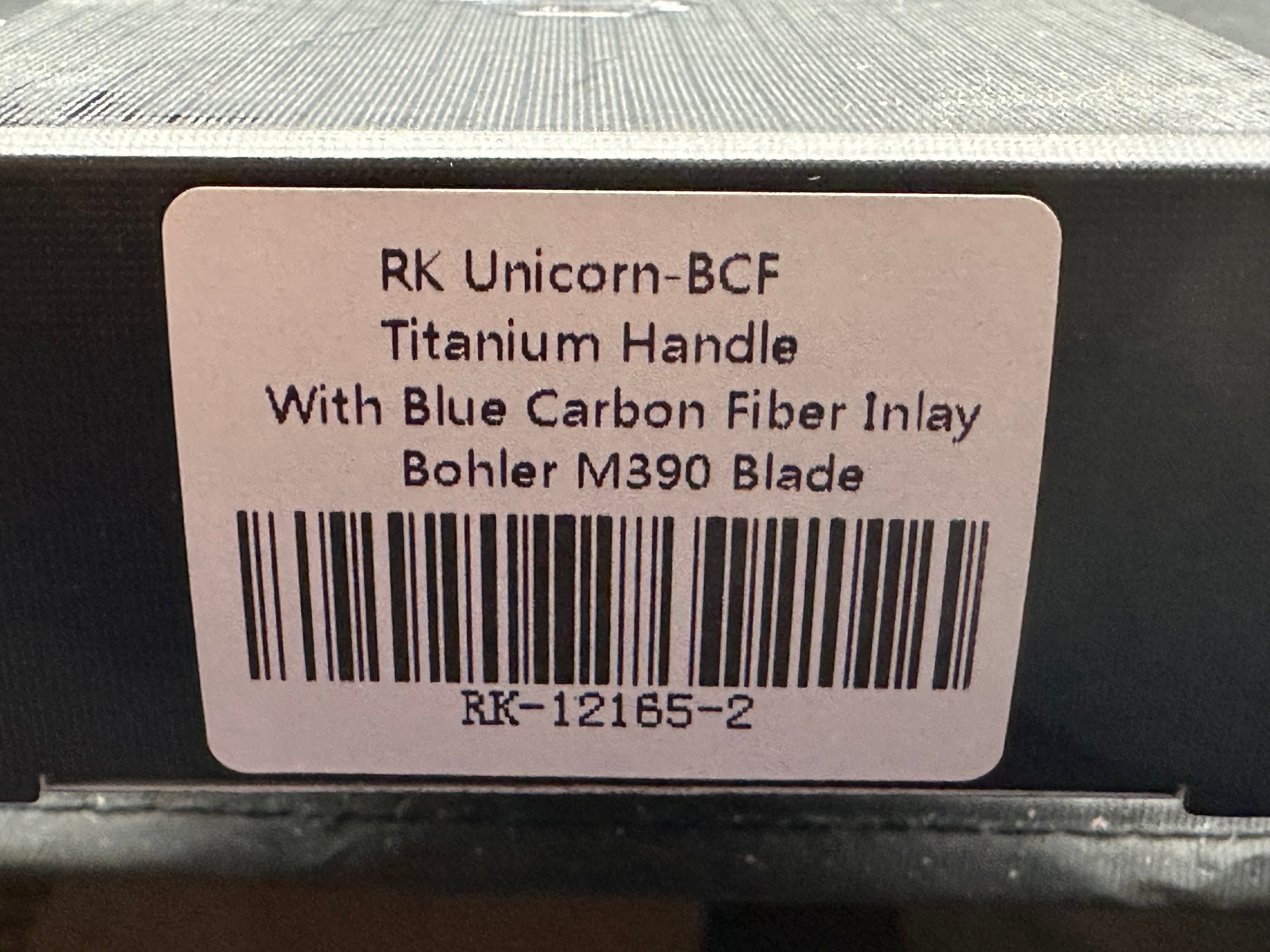 Rike Knives Unicorn, M390 blade, black/blue carbon fiber handle