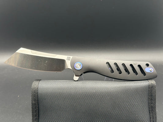 Artisan Cutlery 1815G-BKM "Tomahawk" M390 3.8" Wharncliffe Satin Blade, Black TI Frame, Blue Pivot, LNIB. Never used, carried, or modified. As from the factory w/BOX, Pouch, Tin, spec. card.  $150