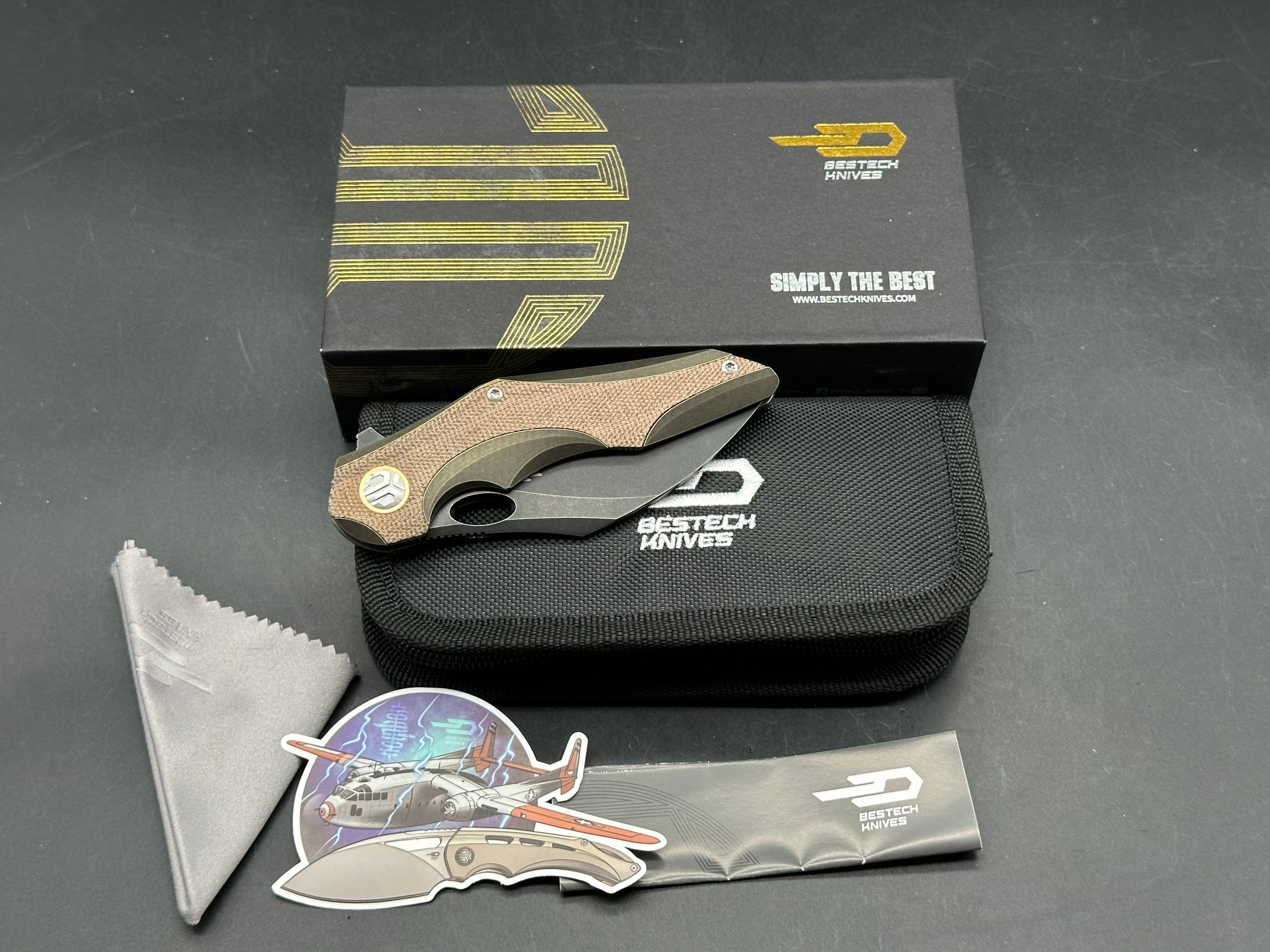 Bestech Nogard Folding Knife Bronze Stonewash Ti Canvas Micarta Handle M390 Plain Black Blade 