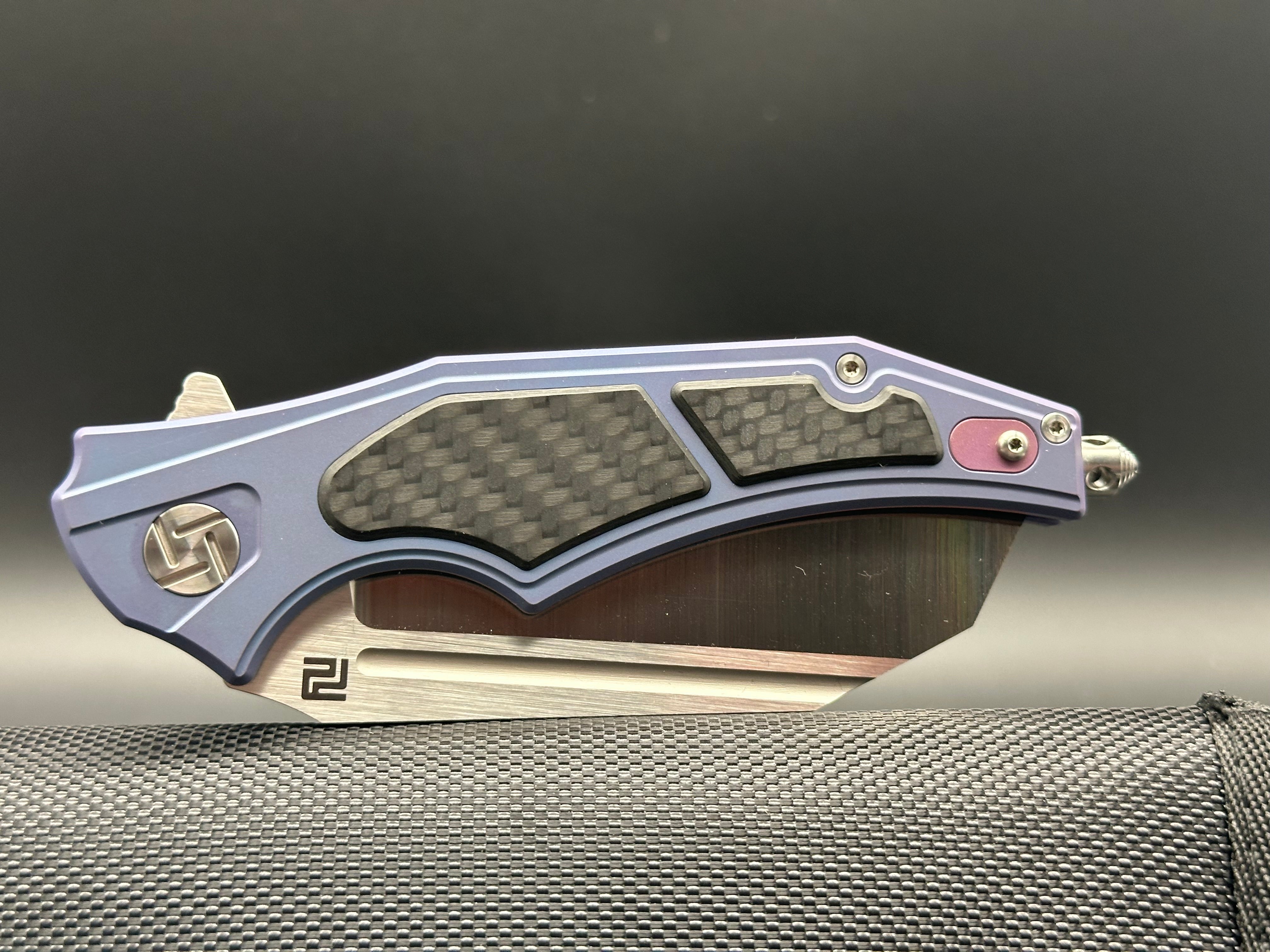 Artisan Cutlery Apache S35VN Wharncliffe Satin, Blue TI w/CF Inlays