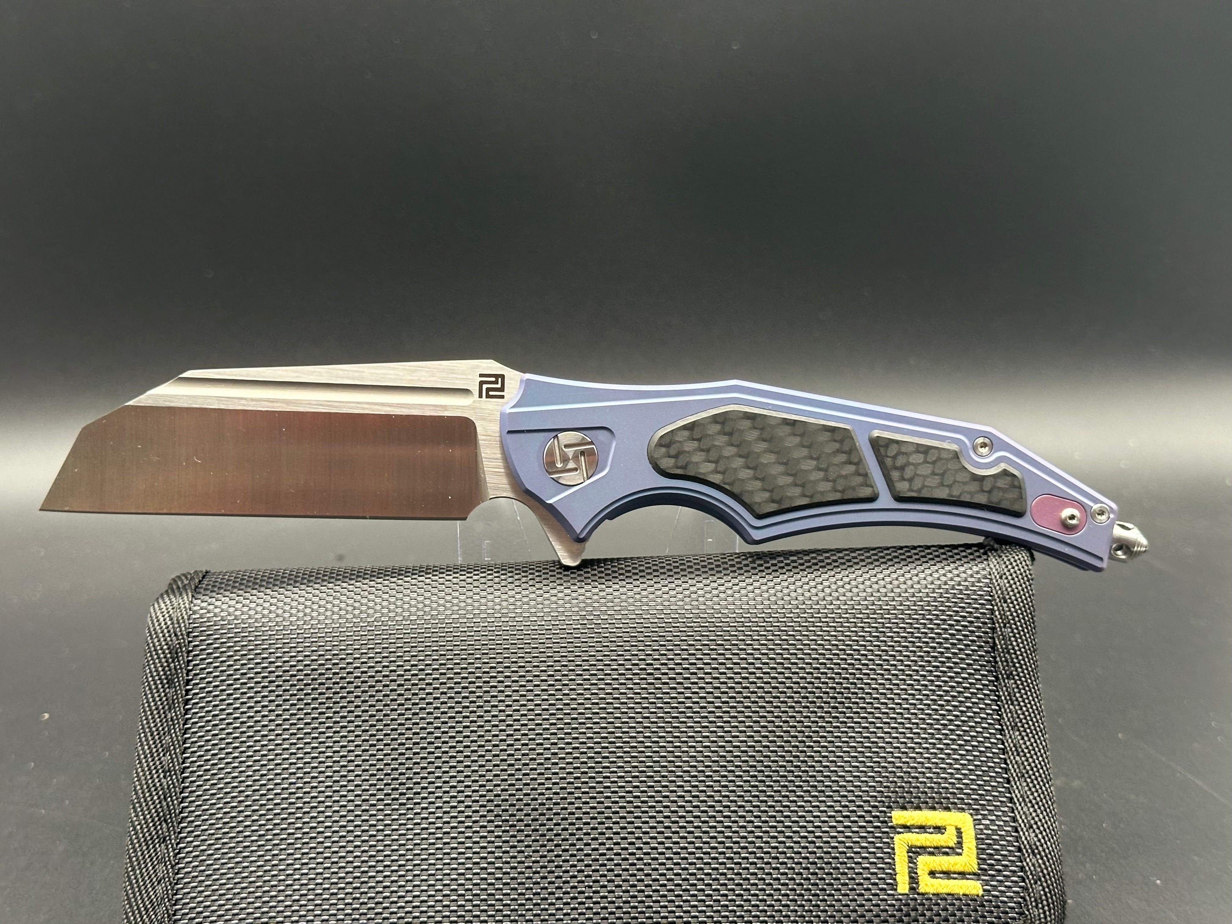 Artisan Cutlery Apache S35VN Wharncliffe Satin, Blue TI w/CF Inlays