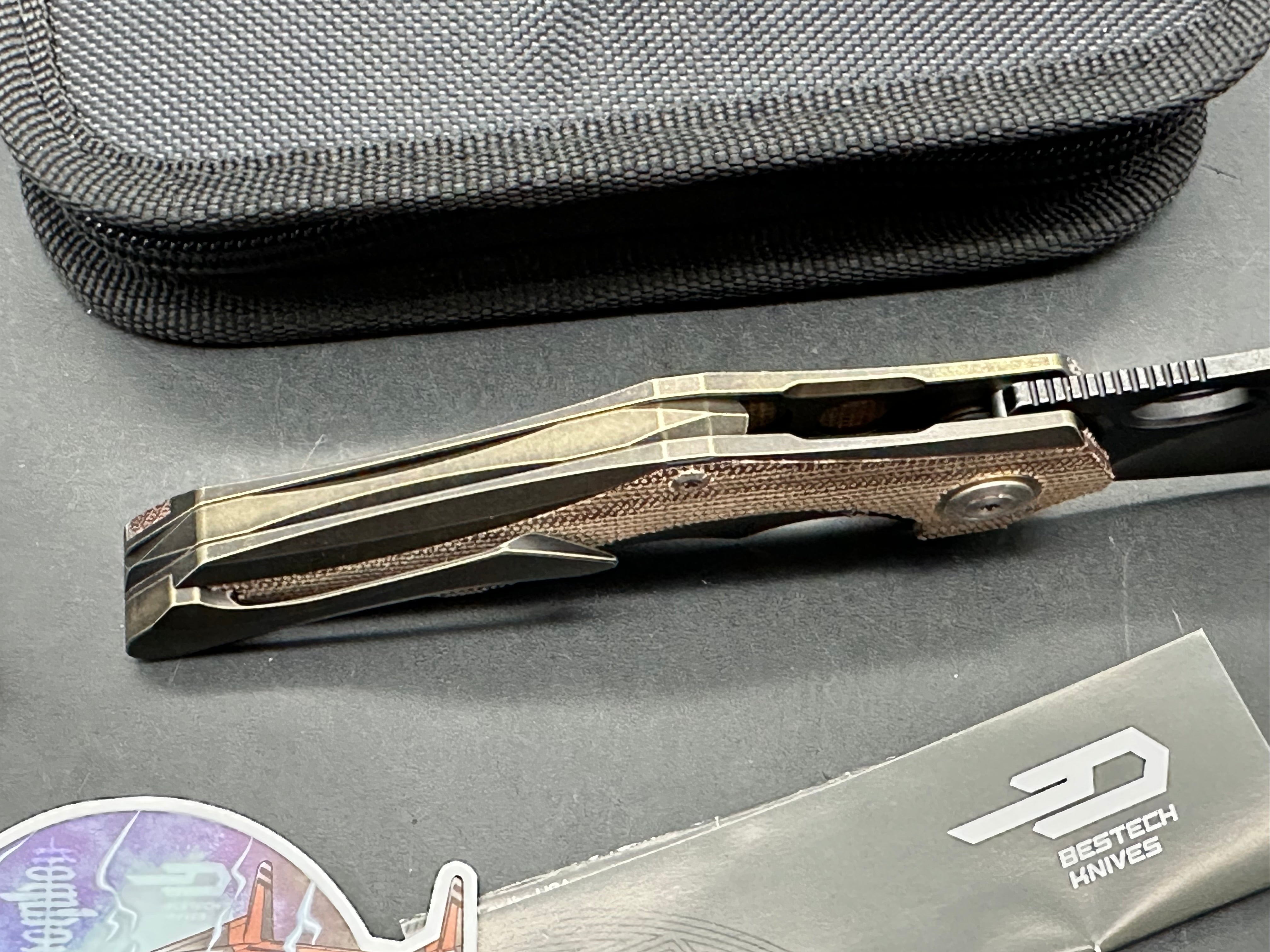 Bestech Nogard Folding Knife Bronze Stonewash Ti Canvas Micarta Handle M390 Plain Black Blade 