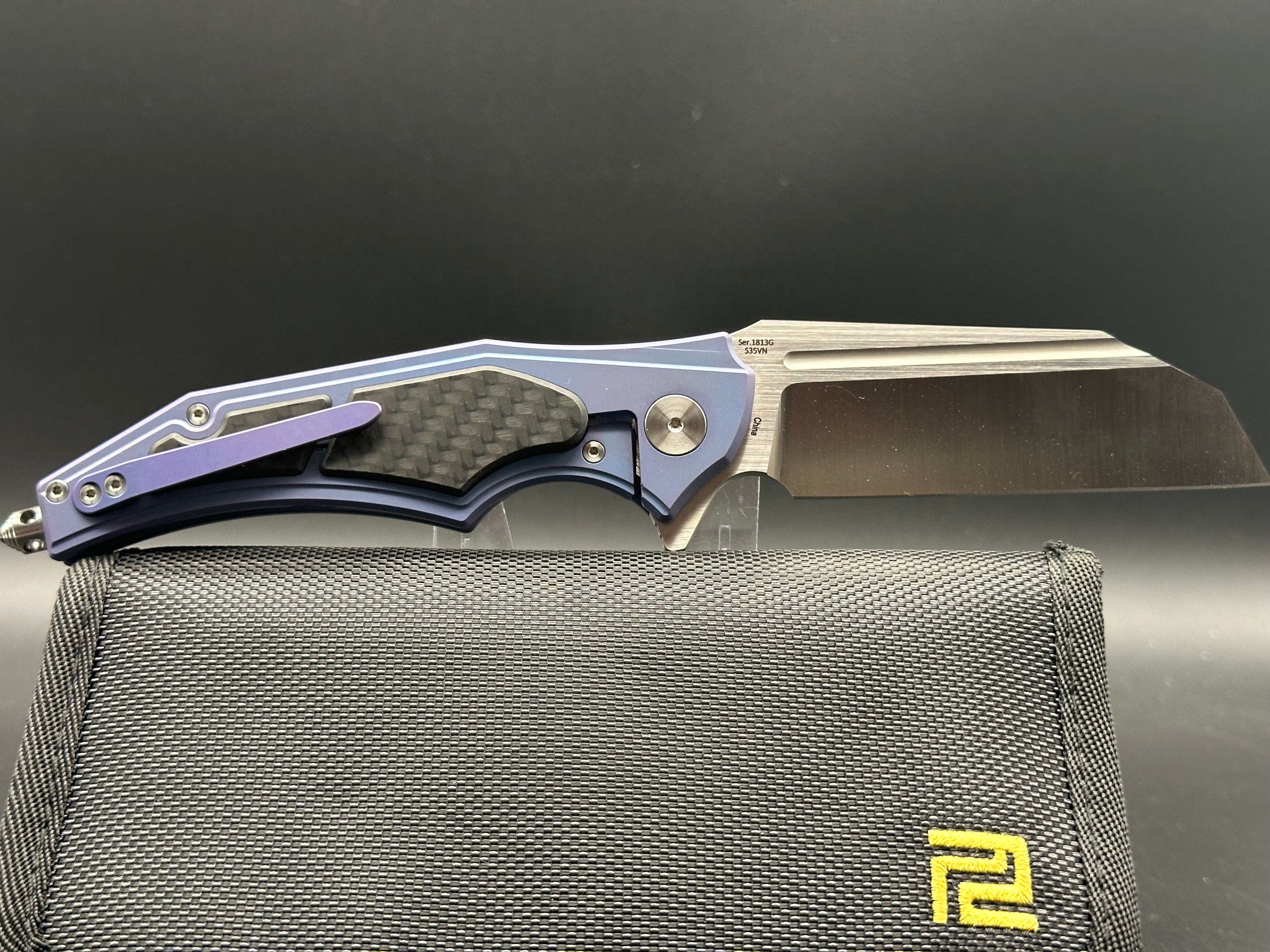 Artisan Cutlery Apache S35VN Wharncliffe Satin, Blue TI w/CF Inlays