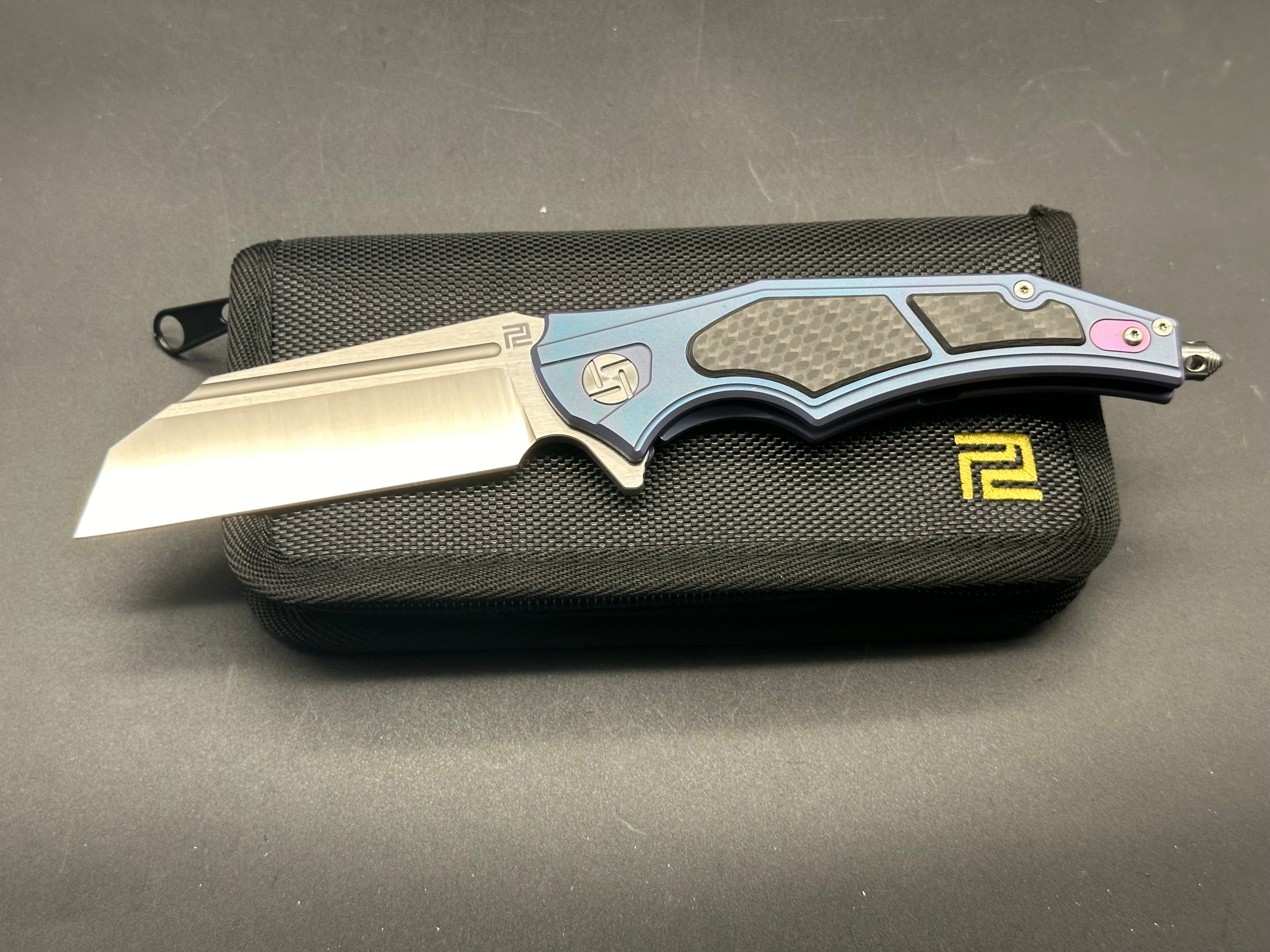 Artisan Cutlery Apache S35VN Wharncliffe Satin, Blue TI w/CF Inlays