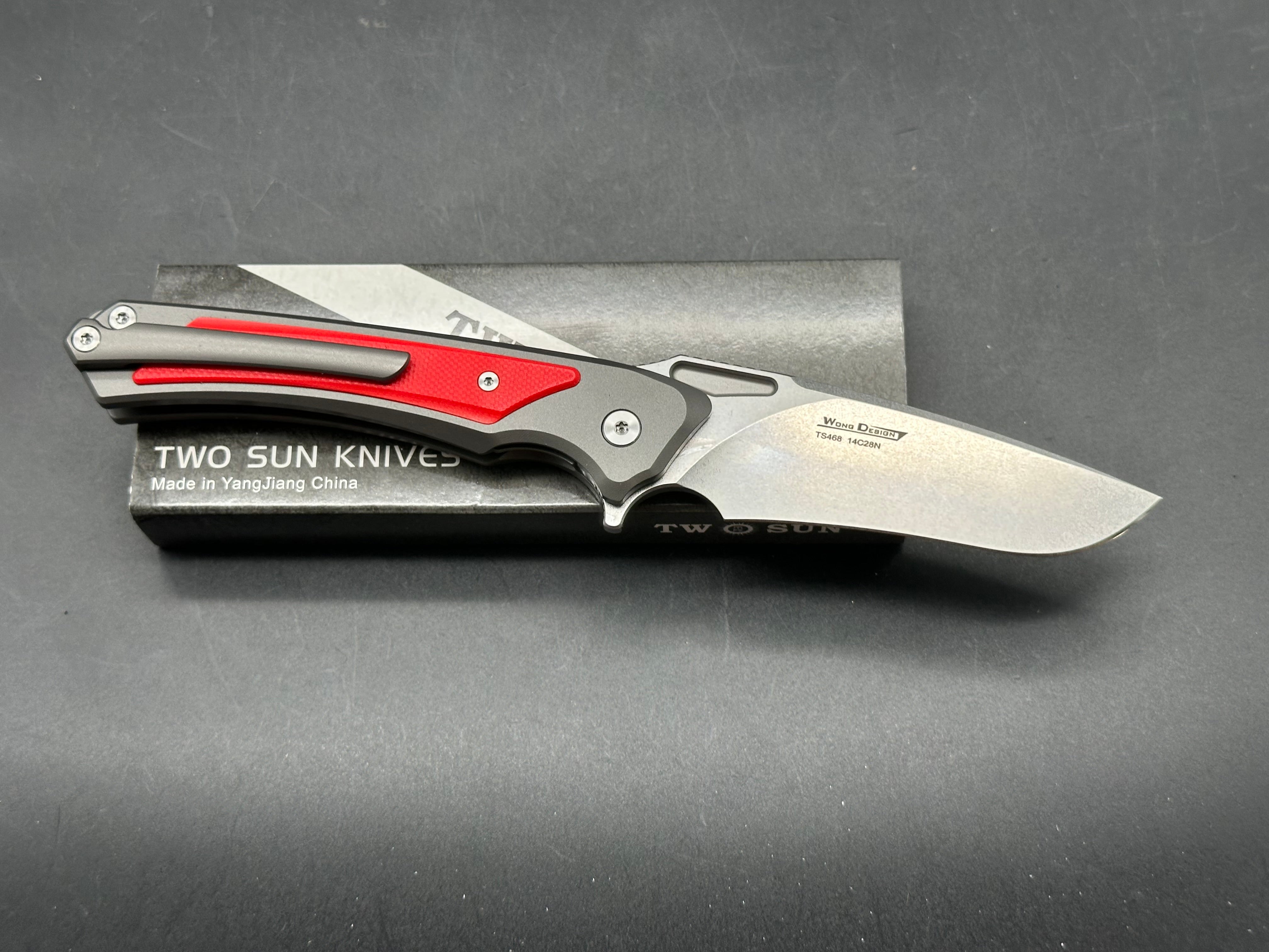 TwoSun Red/Black Titanium/G10 Handle 14C28N Plain Edge TS468