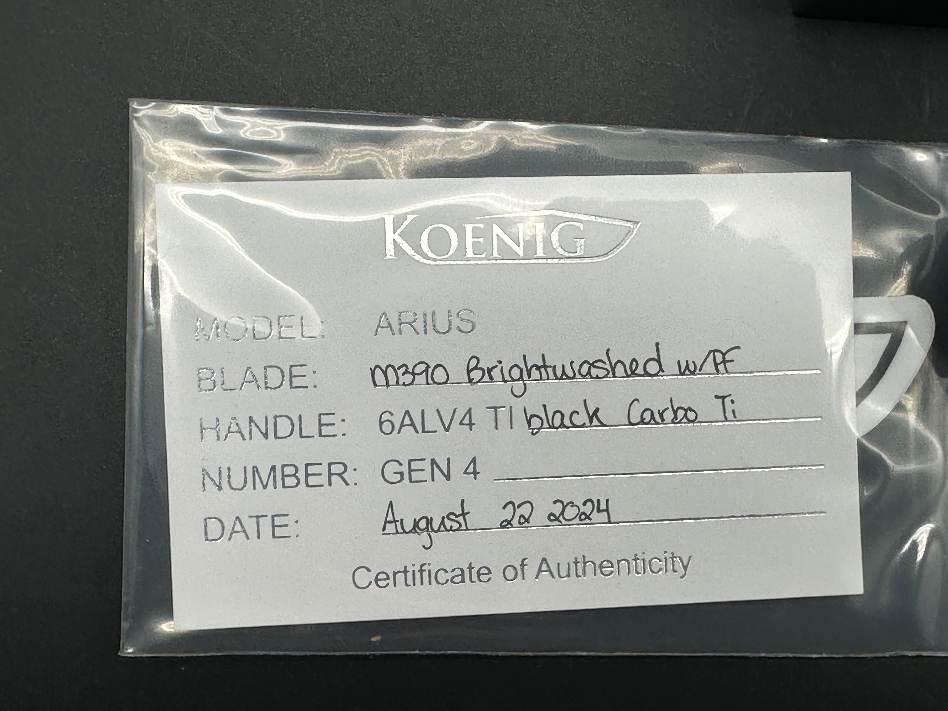 Koenig Arius Flipper M390 Brightwashed Blade w/Polished Flats, Black Carbo Ti Show Side w/Bead Blasted Ti Lock Side