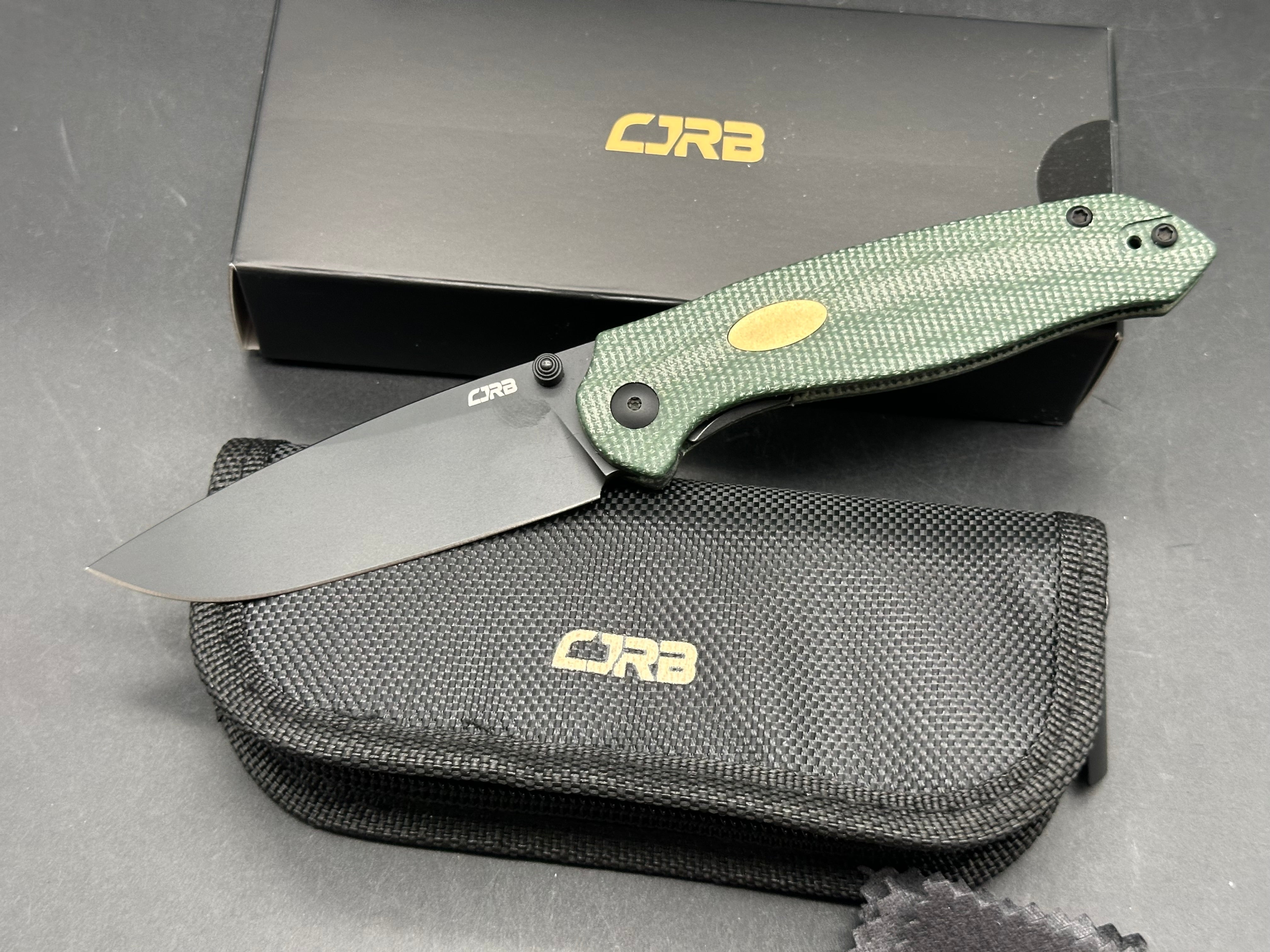 CJRB AES Folding Knife green micarta/Brass Handle AR-RPM9 Drop Point Plain Edge Sand Polish Finish
