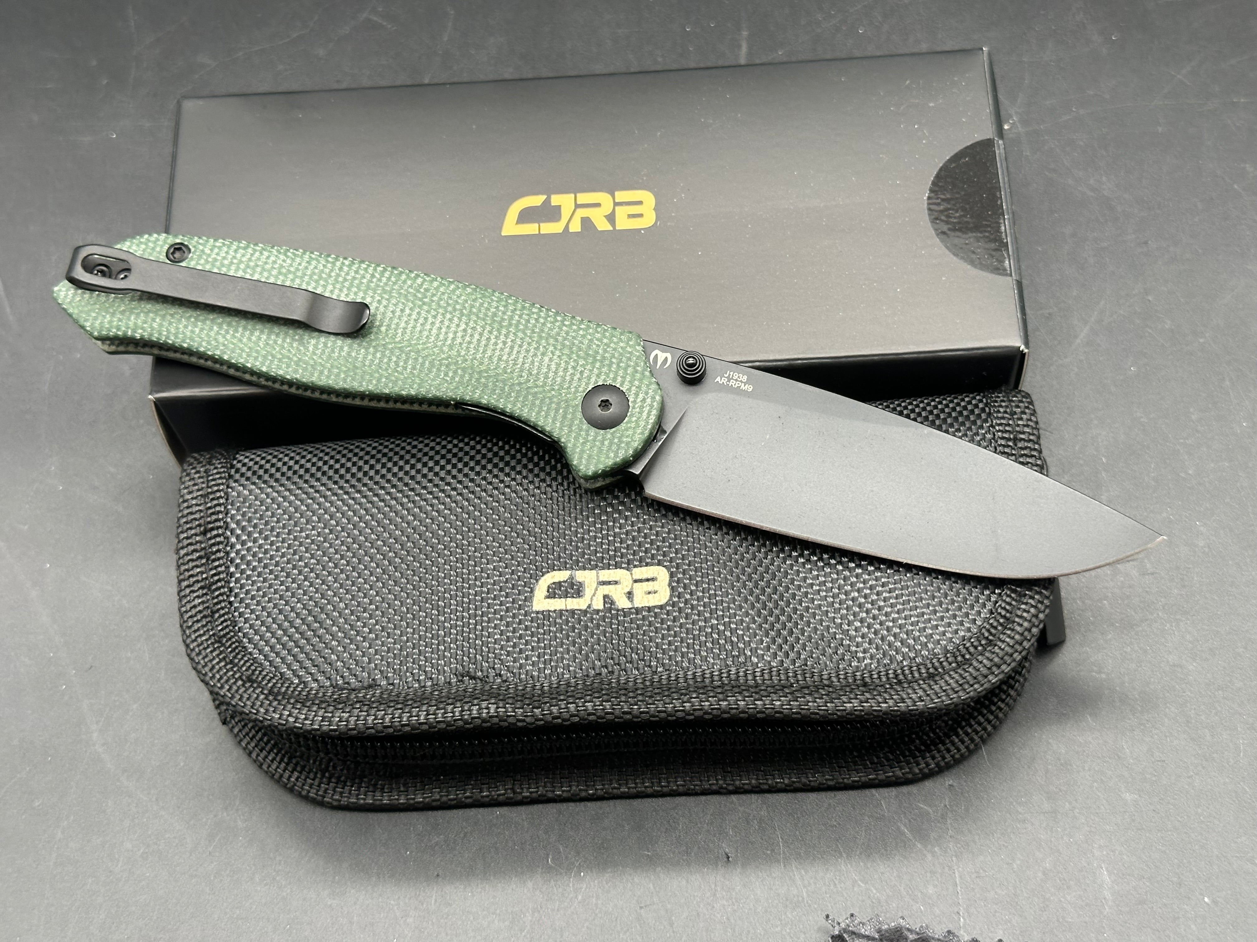 CJRB AES Folding Knife green micarta/Brass Handle AR-RPM9 Drop Point Plain Edge Sand Polish Finish