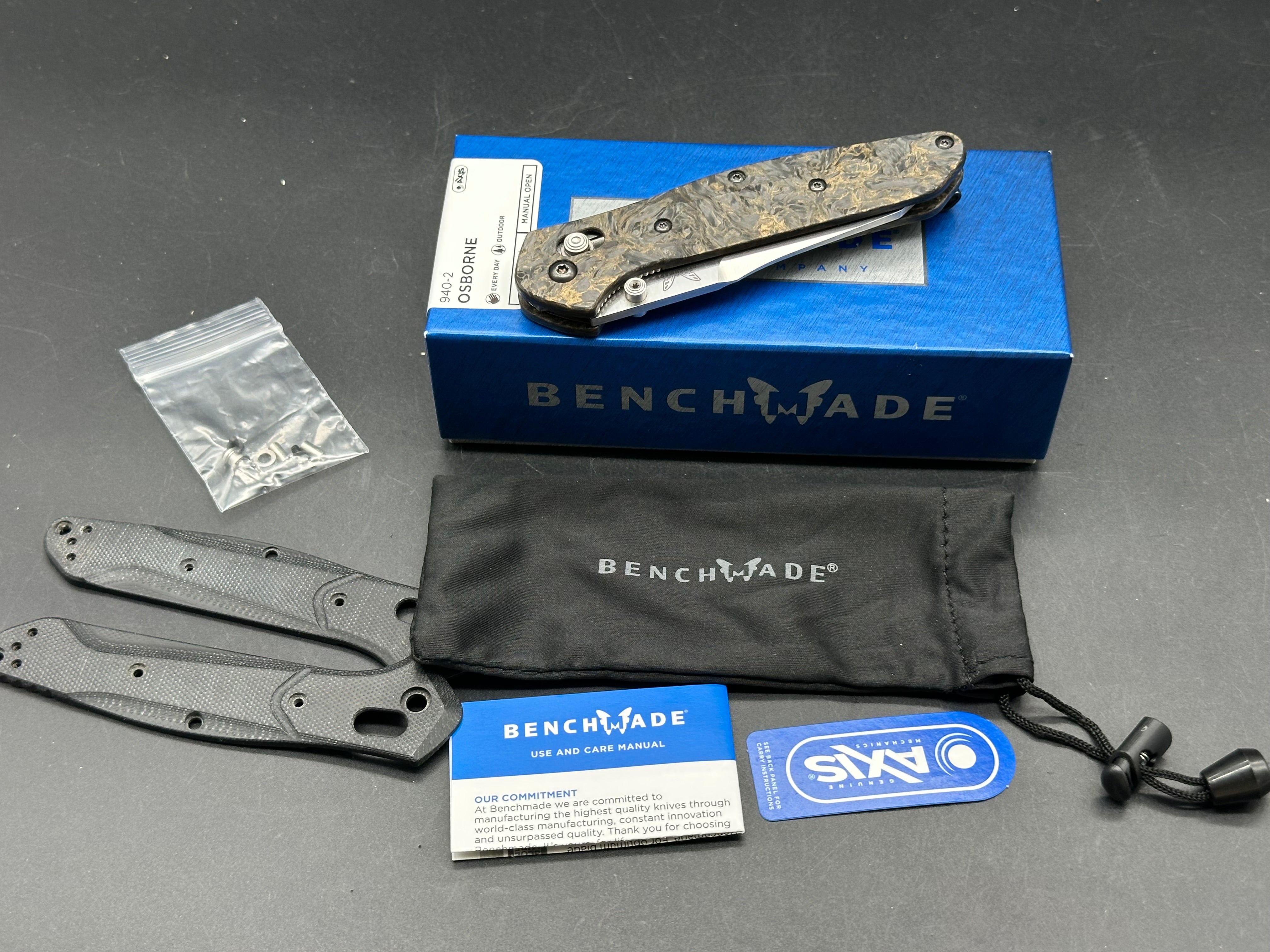 Benchmade 940-2, with Gold Dark Matter scales and original scales