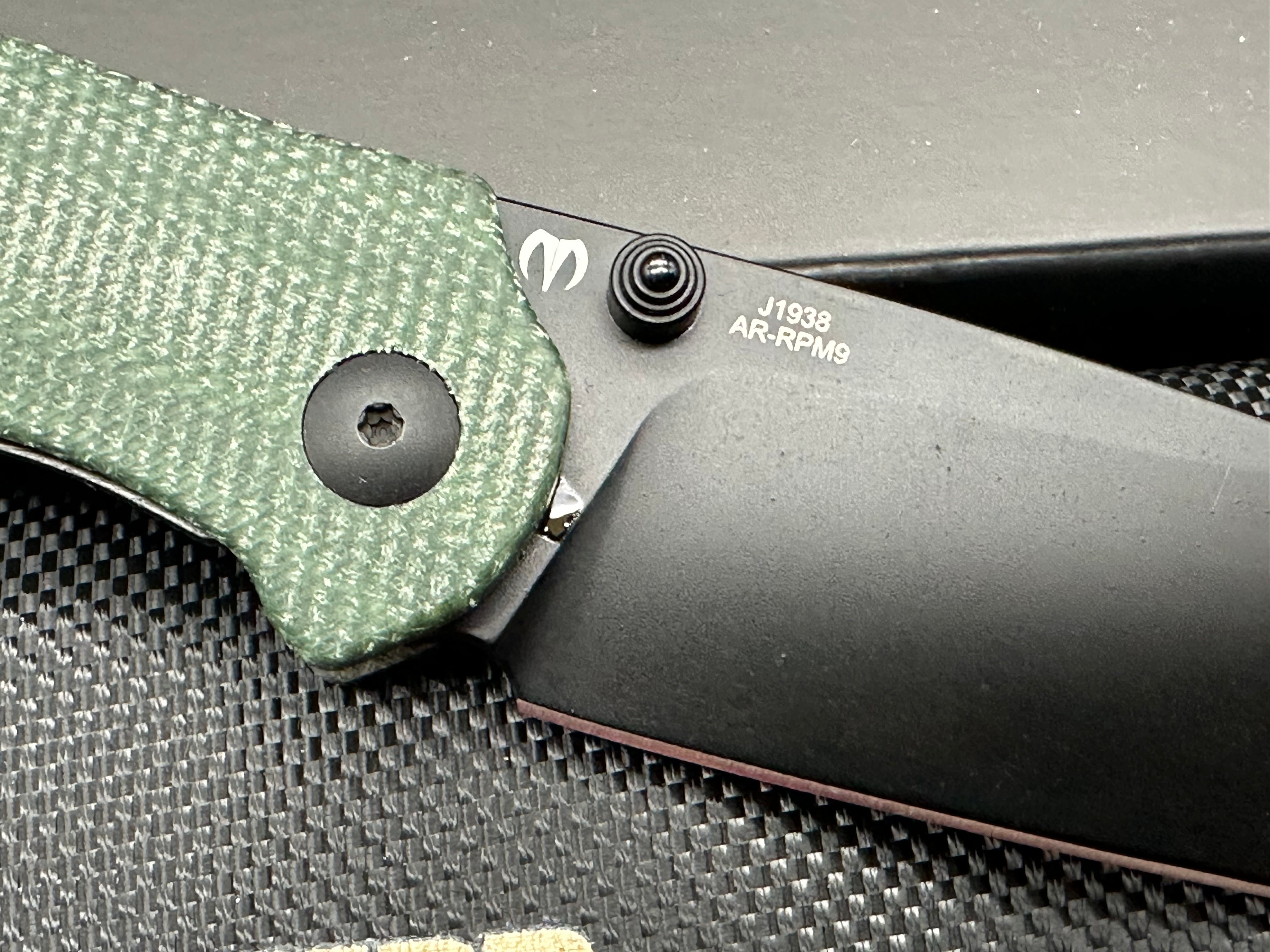 CJRB AES Folding Knife green micarta/Brass Handle AR-RPM9 Drop Point Plain Edge Sand Polish Finish
