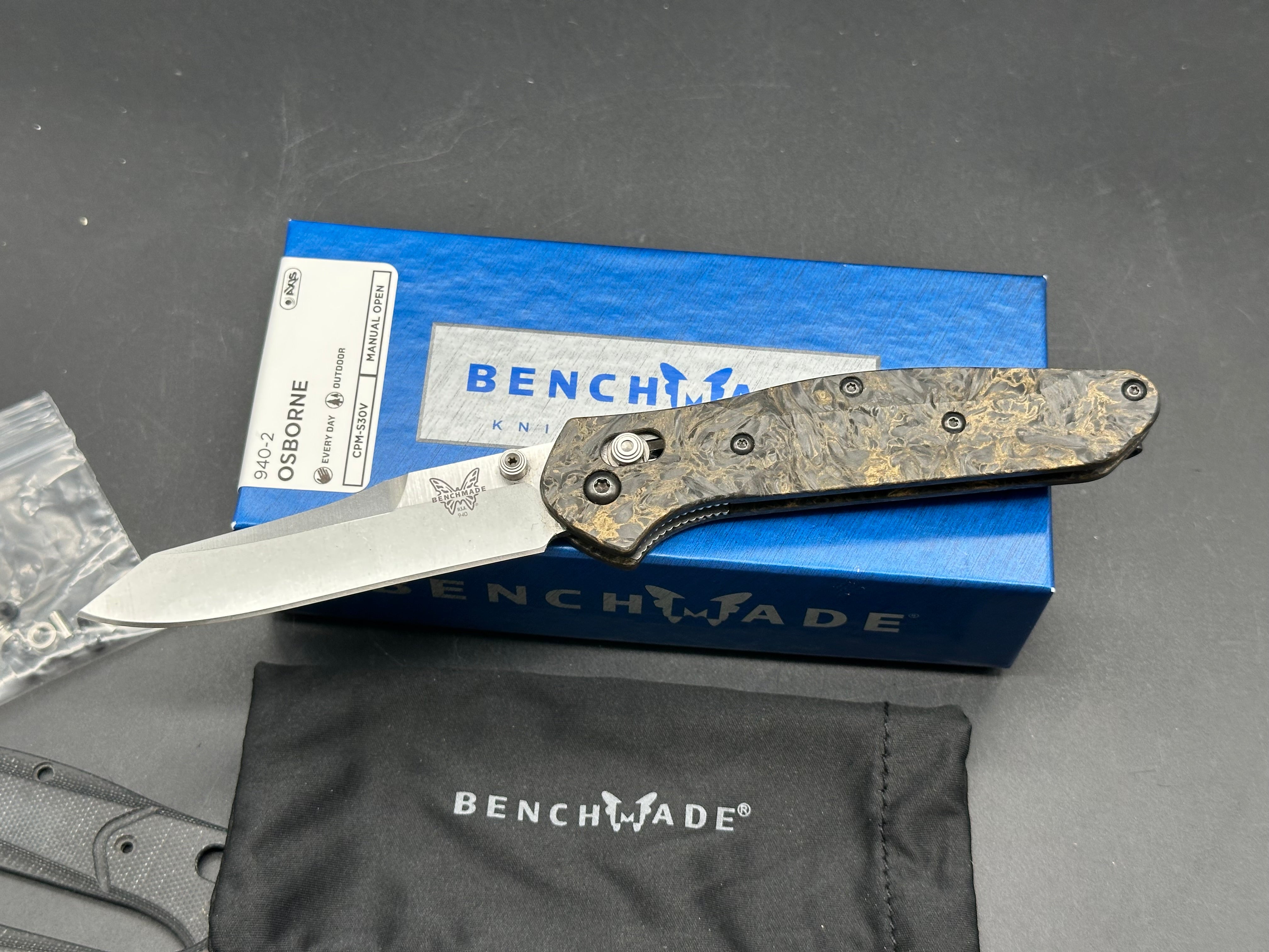 Benchmade 940-2, with Gold Dark Matter scales and original scales