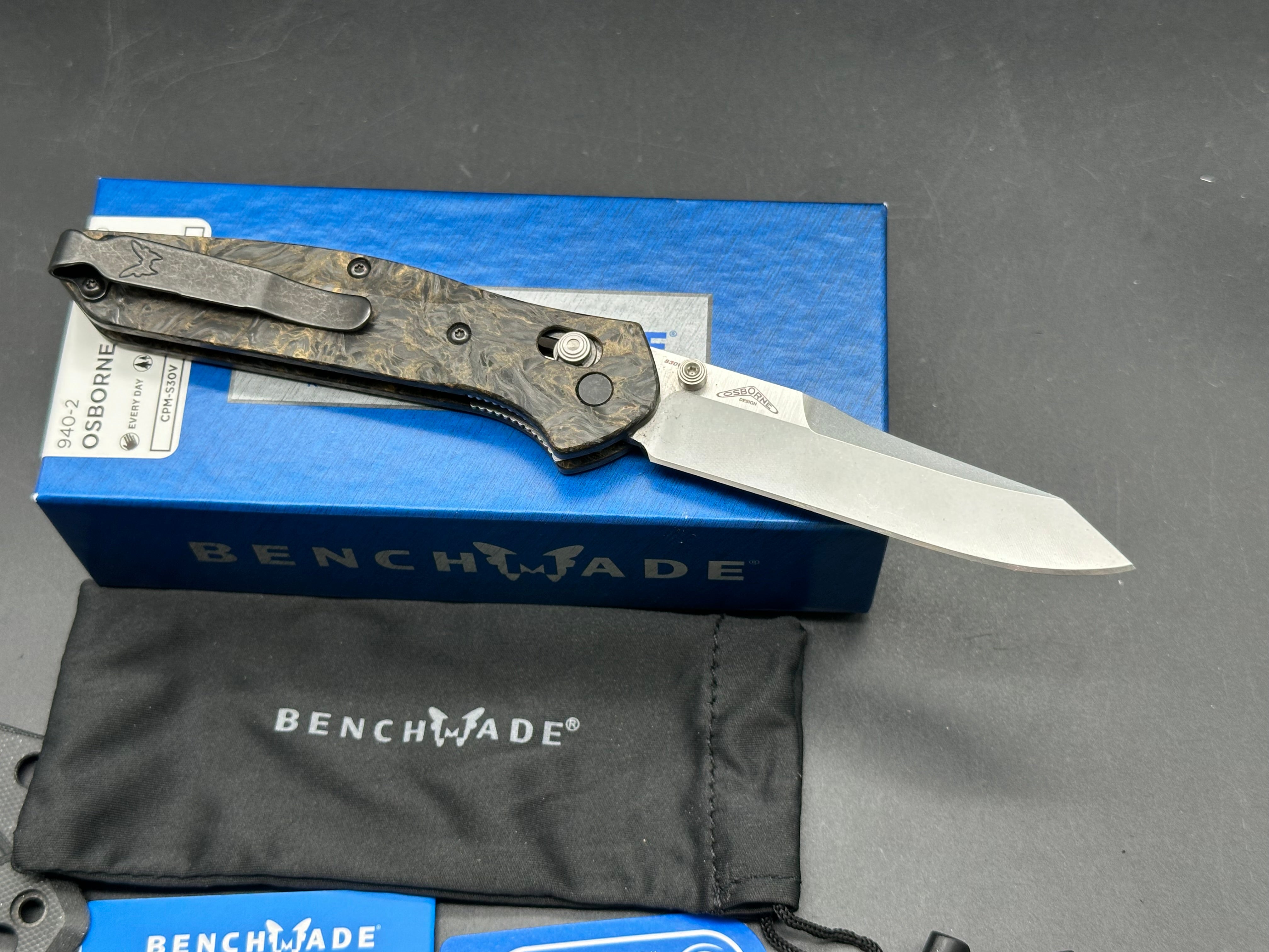 Benchmade 940-2, with Gold Dark Matter scales and original scales