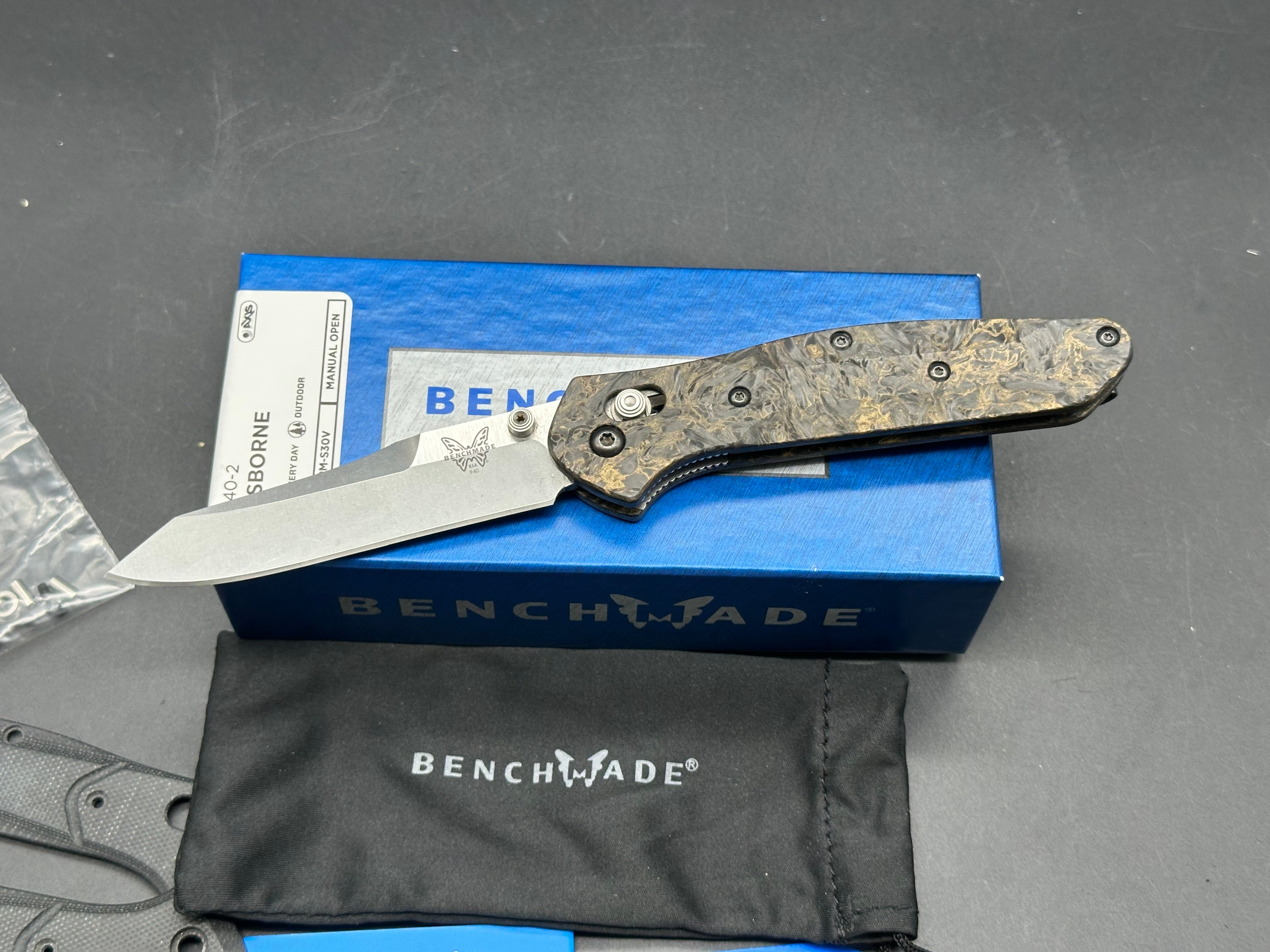 Benchmade 940-2, with Gold Dark Matter scales and original scales