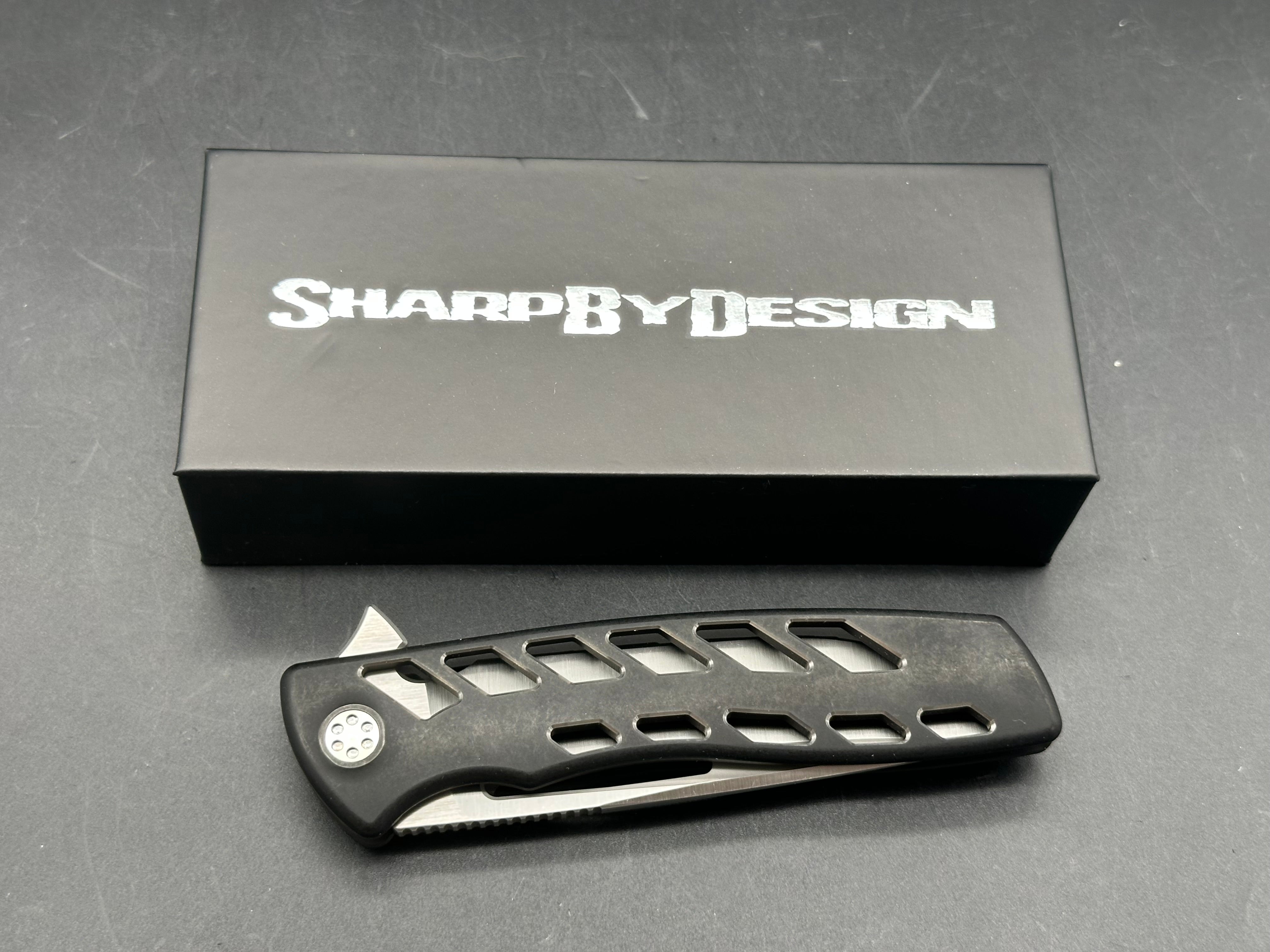 Sharp by Design Evo Typhoon Drop Point Aspirated, Belt Satin M390 Blade, Black PVD Aspirated Ti Handles