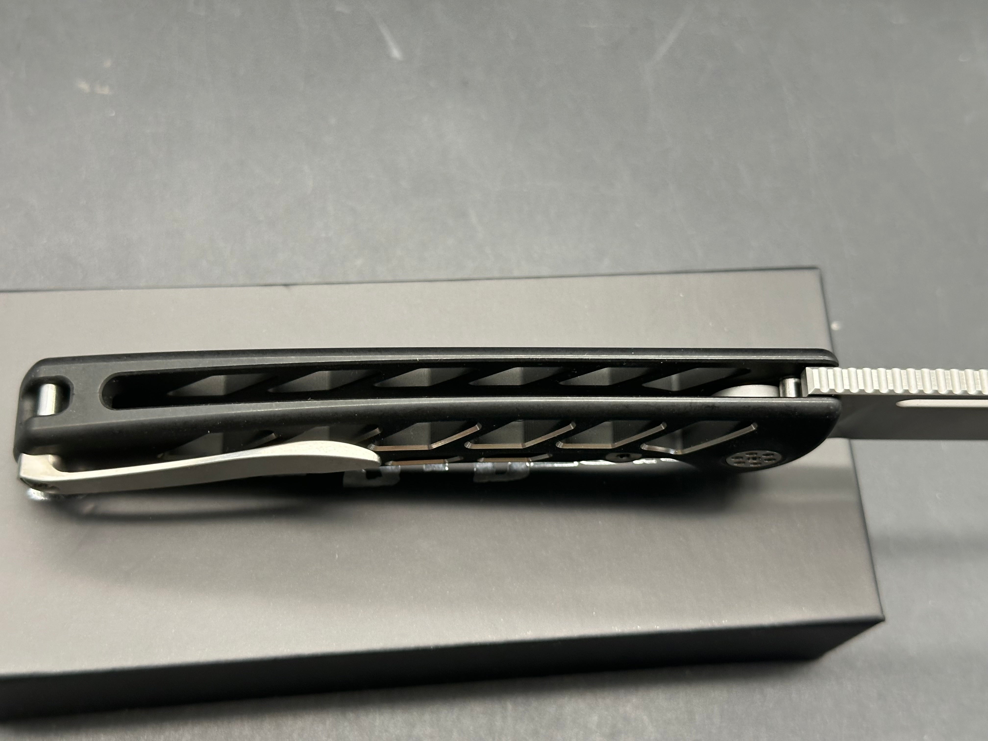 Sharp by Design Evo Typhoon Drop Point Aspirated, Belt Satin M390 Blade, Black PVD Aspirated Ti Handles