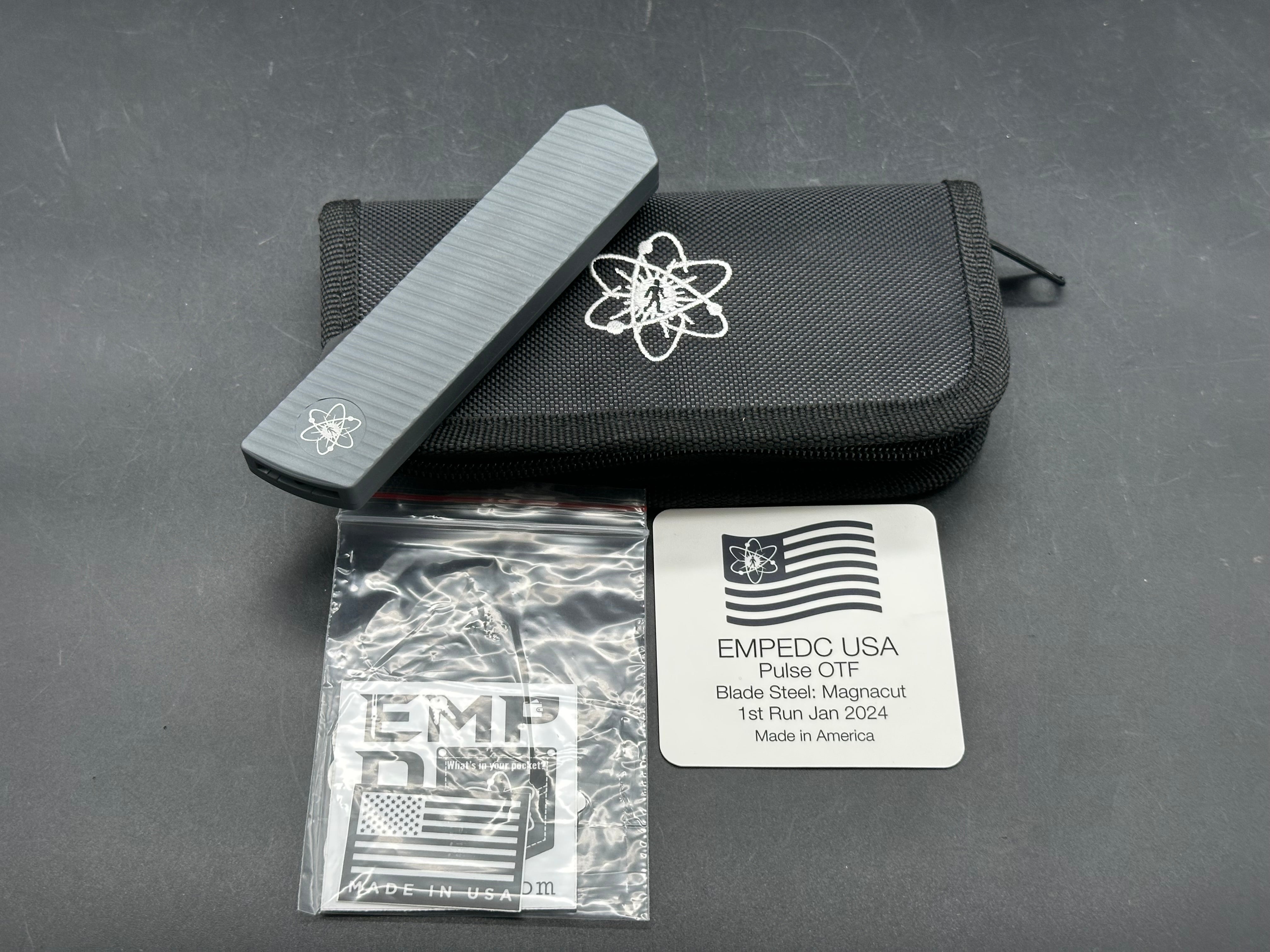 EMP EDC USA Made Pulse OTF Tanto, Grey Battle Worn CPM-Magnacut Blade, Dark Grey Anodized Aluminum Handles, Black Ti Clip, Black Hardware