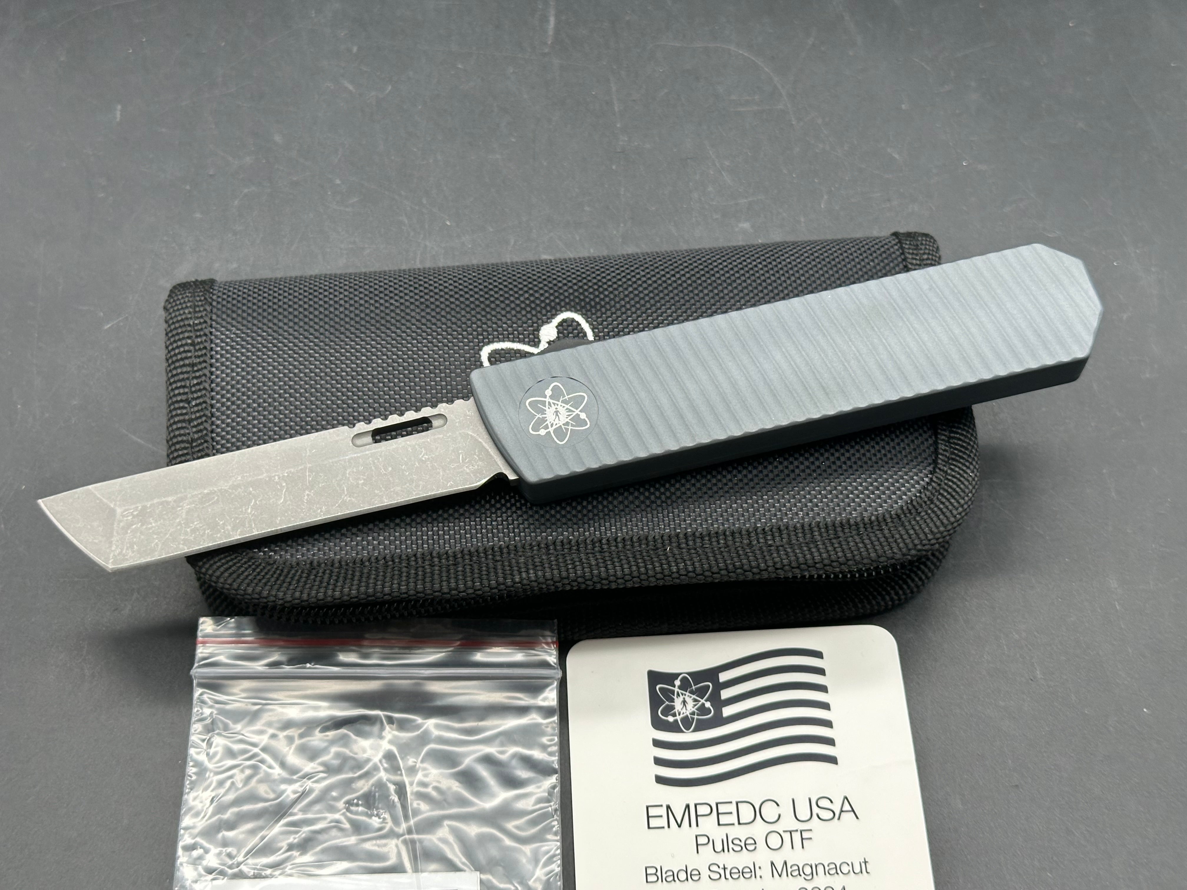 EMP EDC USA Made Pulse OTF Tanto, Grey Battle Worn CPM-Magnacut Blade, Dark Grey Anodized Aluminum Handles, Black Ti Clip, Black Hardware