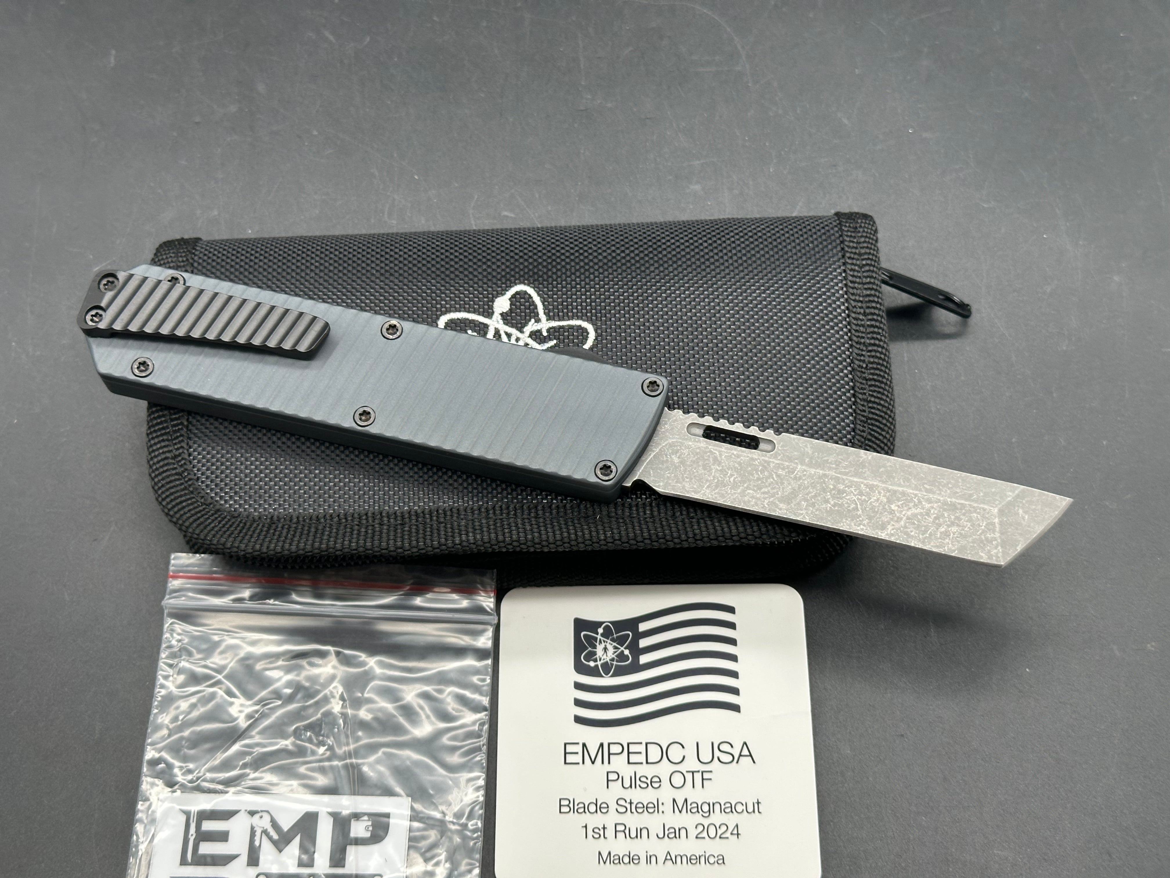 EMP EDC USA Made Pulse OTF Tanto, Grey Battle Worn CPM-Magnacut Blade, Dark Grey Anodized Aluminum Handles, Black Ti Clip, Black Hardware