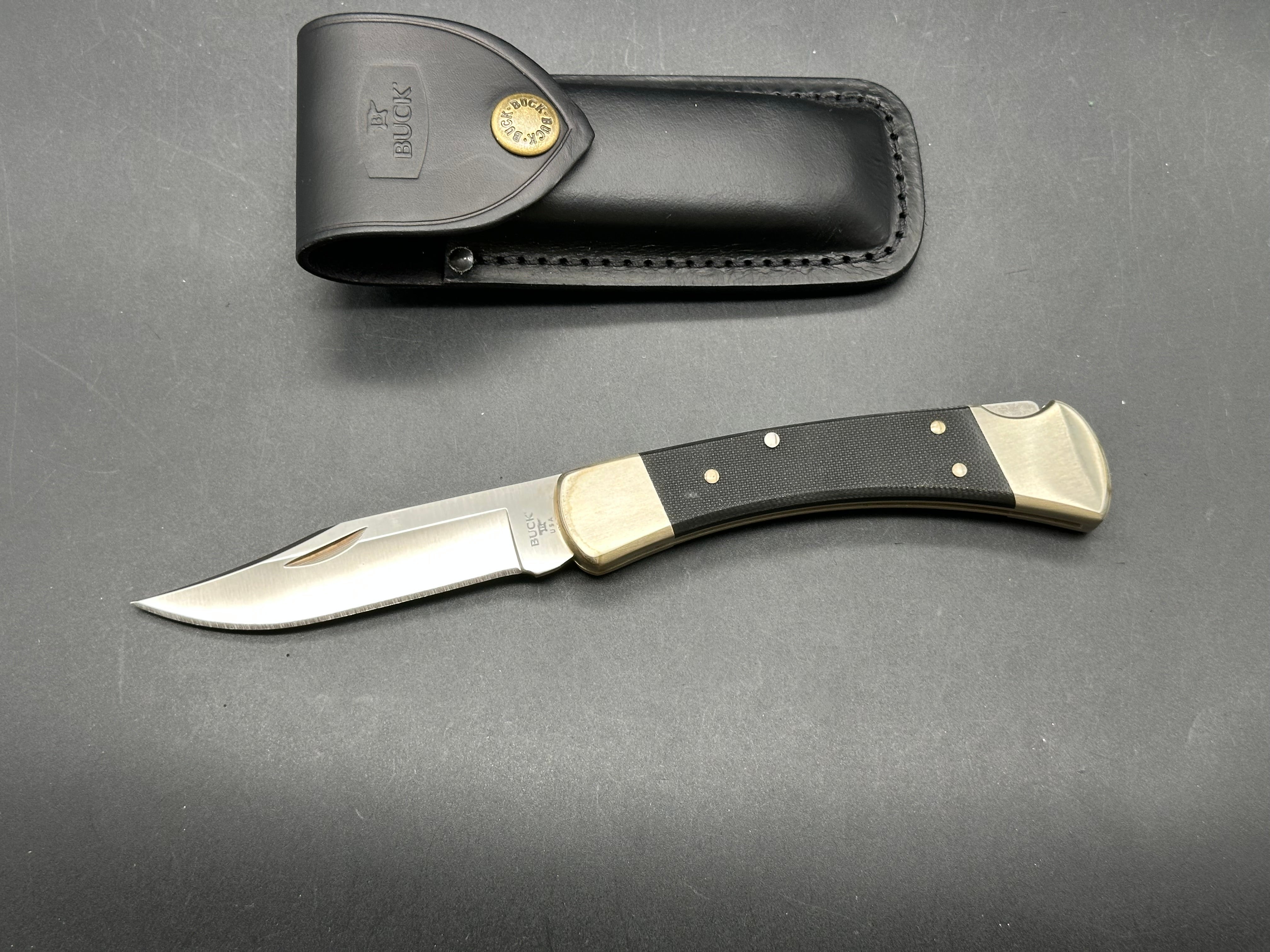 Buck 110, black G-10 scales, nickel bolsters, with scabbard