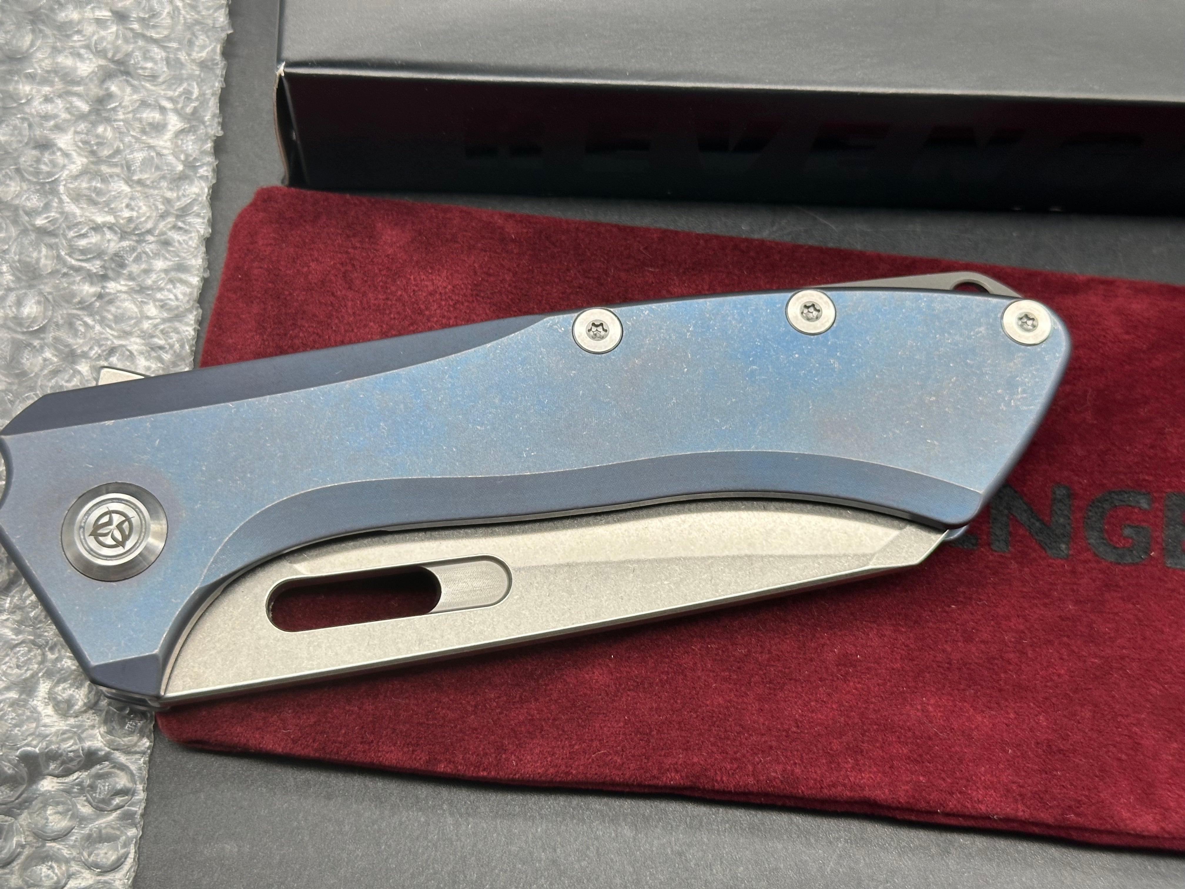 PMP Revenge #272/350, Stonewashed M390 Blade, Blue Anodized Ti Handles, Bead Blasted Backspacer and Pocket Clip