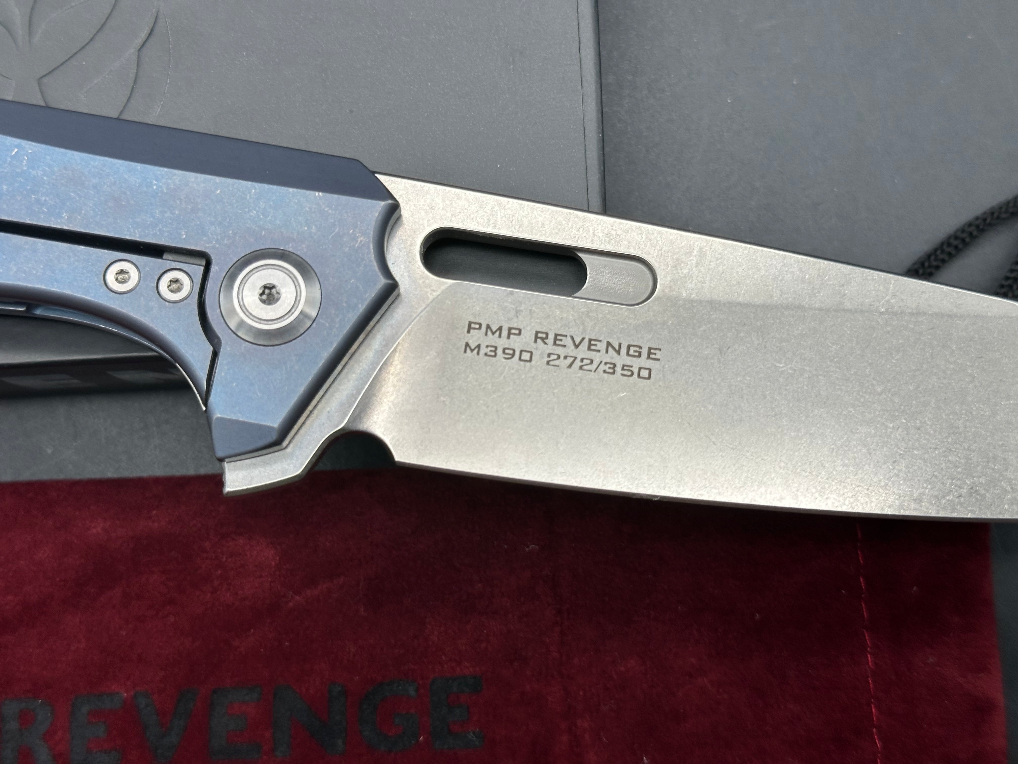 PMP Revenge #272/350, Stonewashed M390 Blade, Blue Anodized Ti Handles, Bead Blasted Backspacer and Pocket Clip