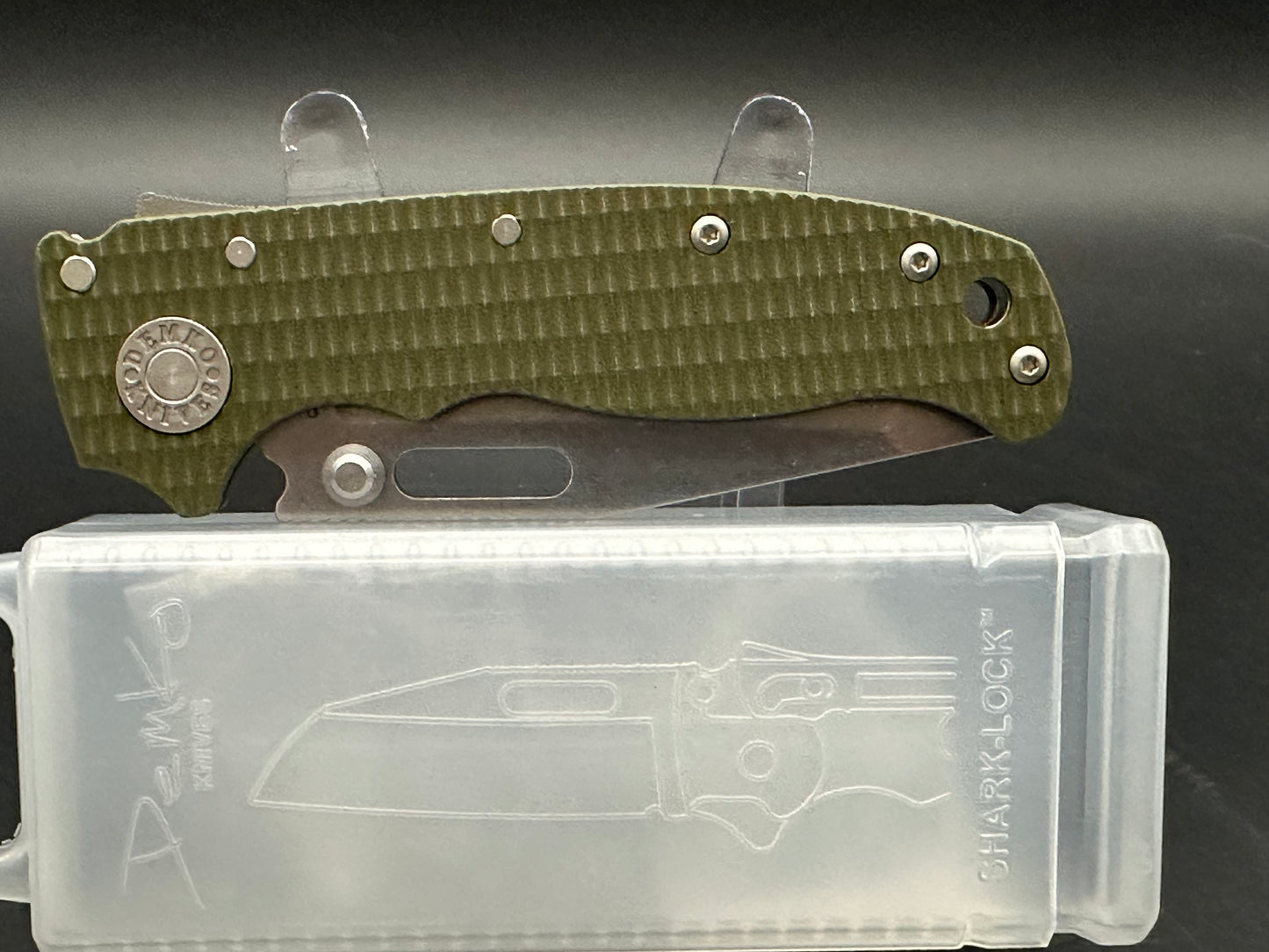 Demko AD 20.5 Shark Lock CPM 3V Tanto Stonewashed Blade with OD Green G10 Handle