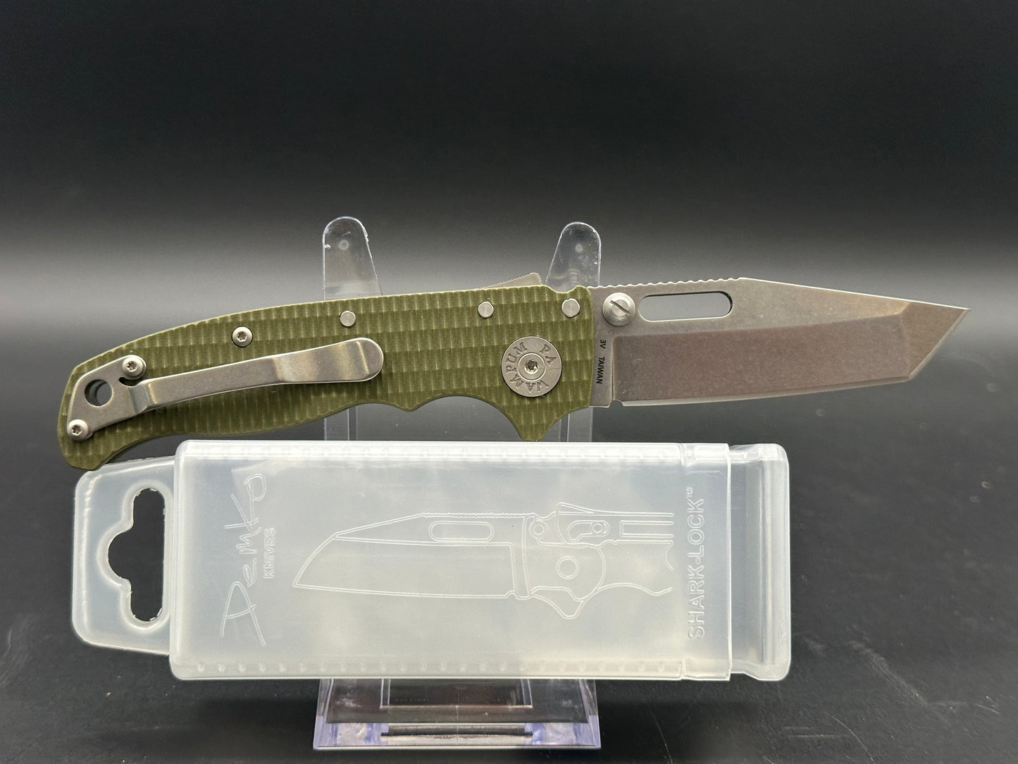 Demko AD 20.5 Shark Lock CPM 3V Tanto Stonewashed Blade with OD Green G10 Handle