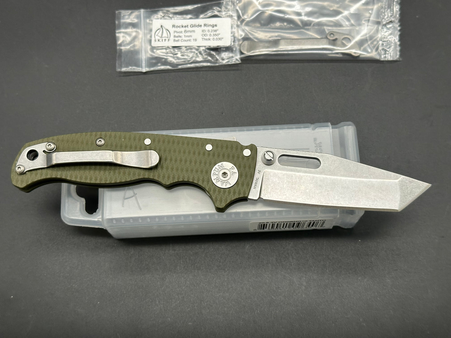 Demko AD 20.5 Shark Lock CPM 3V Tanto Stonewashed Blade with OD Green G10 Handle