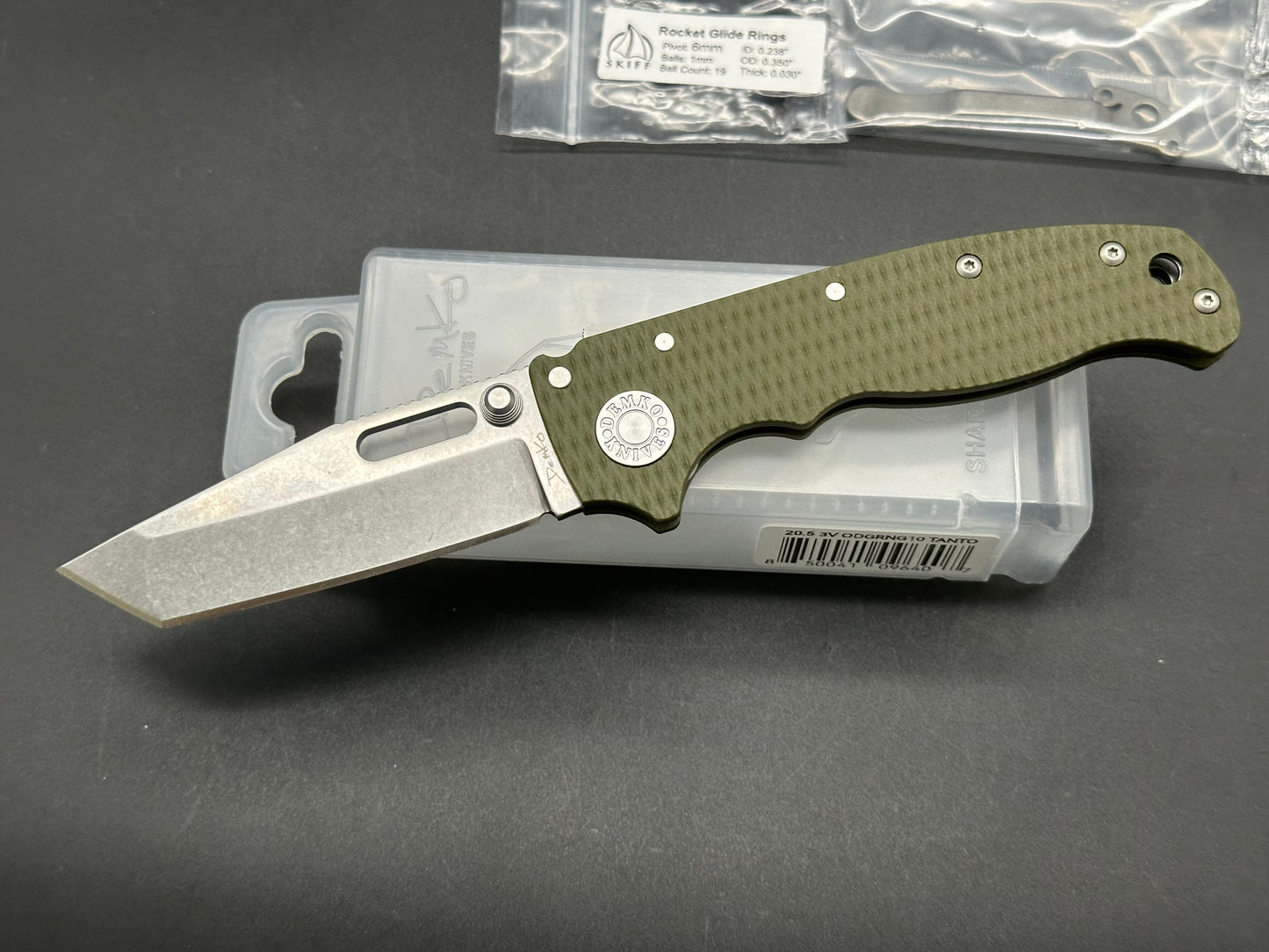 Demko AD 20.5 Shark Lock CPM 3V Tanto Stonewashed Blade with OD Green G10 Handle