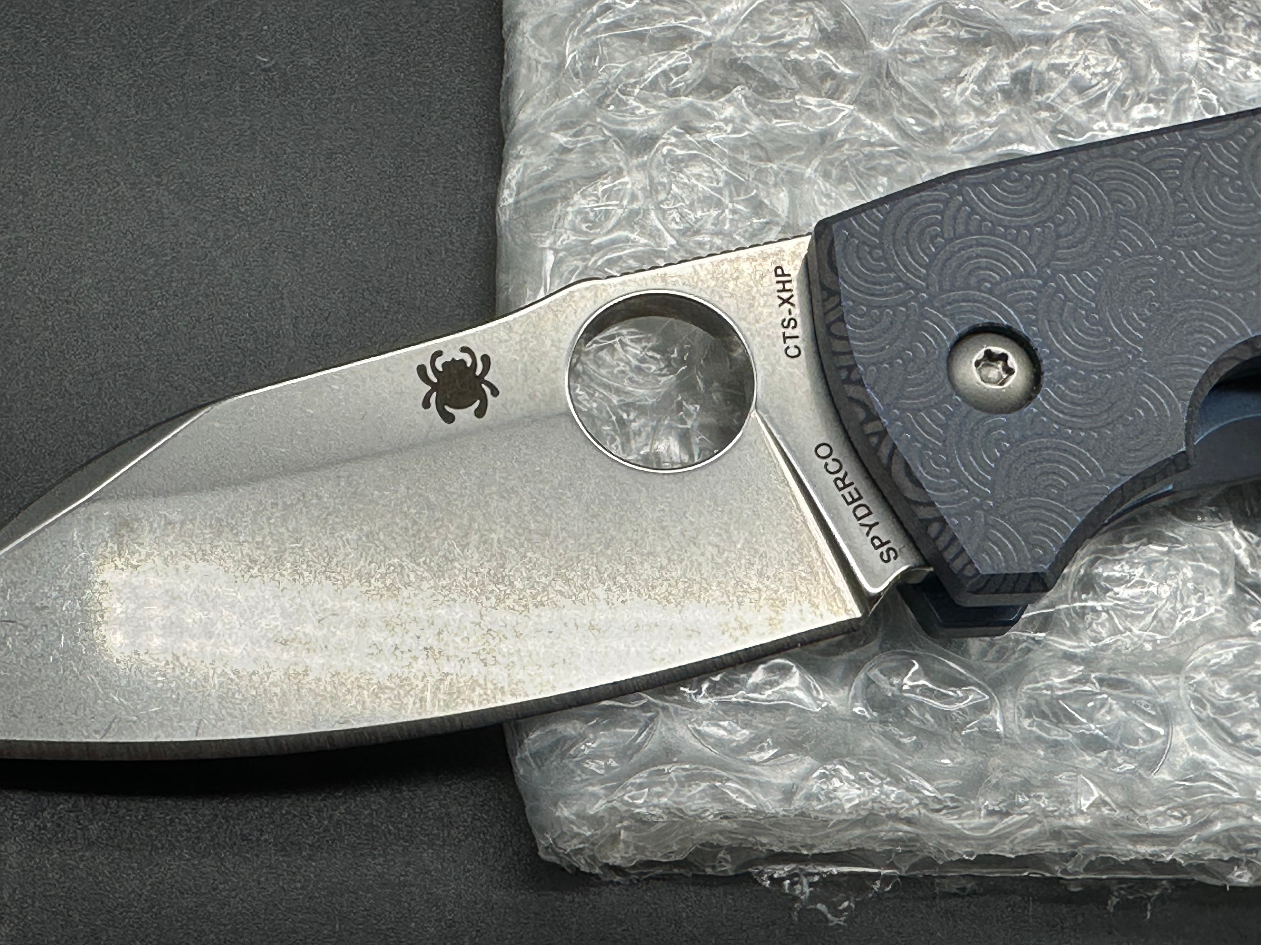 Spyderco Techno 2 w/WKRMN Seigaha Motif Urban EDC Exclusive (C158TIP2), Stonewashed CTS-XHP Blade, Blue Anodized Ti Handles