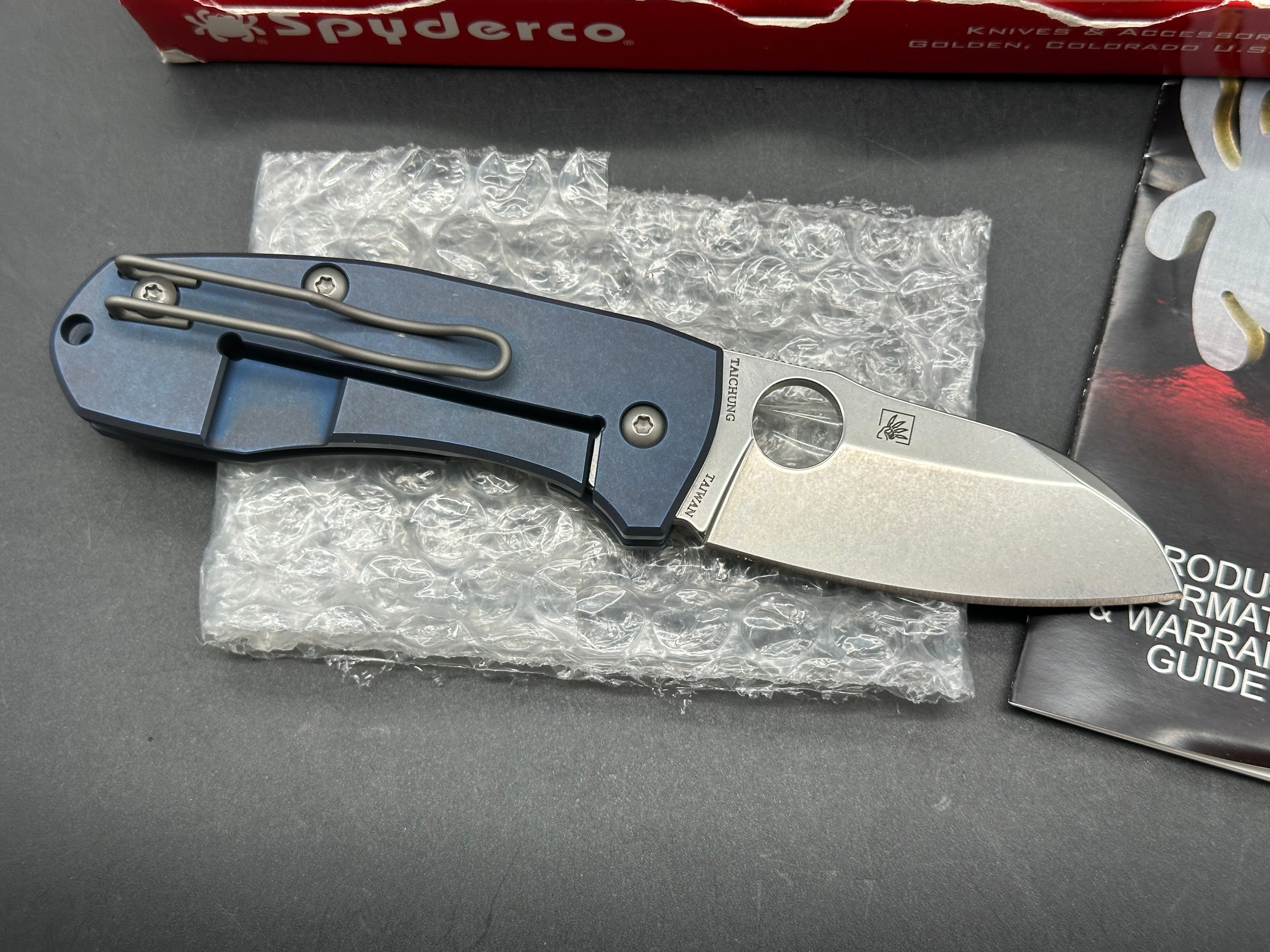Spyderco Techno 2 w/WKRMN Seigaha Motif Urban EDC Exclusive (C158TIP2), Stonewashed CTS-XHP Blade, Blue Anodized Ti Handles