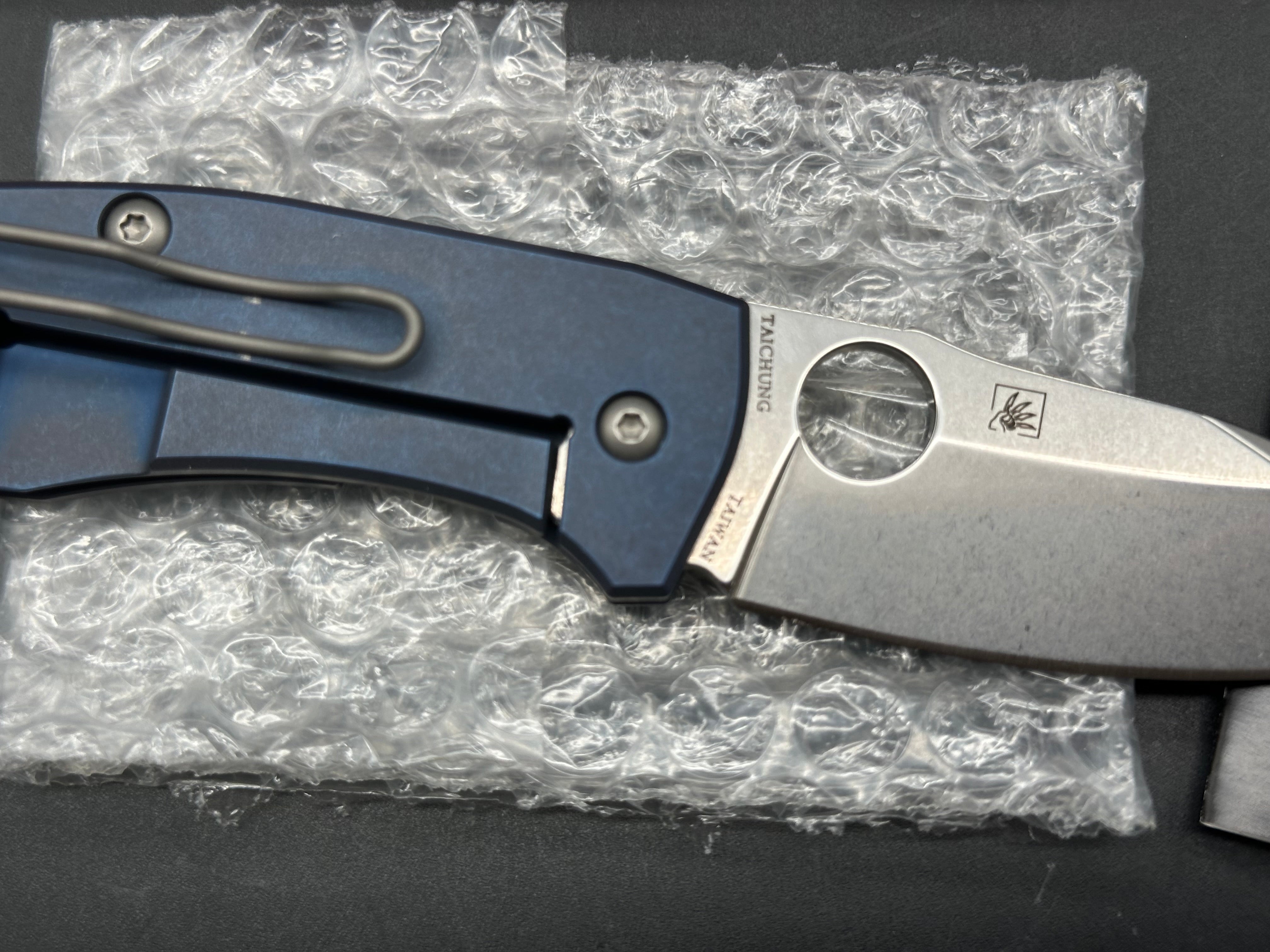 Spyderco Techno 2 w/WKRMN Seigaha Motif Urban EDC Exclusive (C158TIP2), Stonewashed CTS-XHP Blade, Blue Anodized Ti Handles