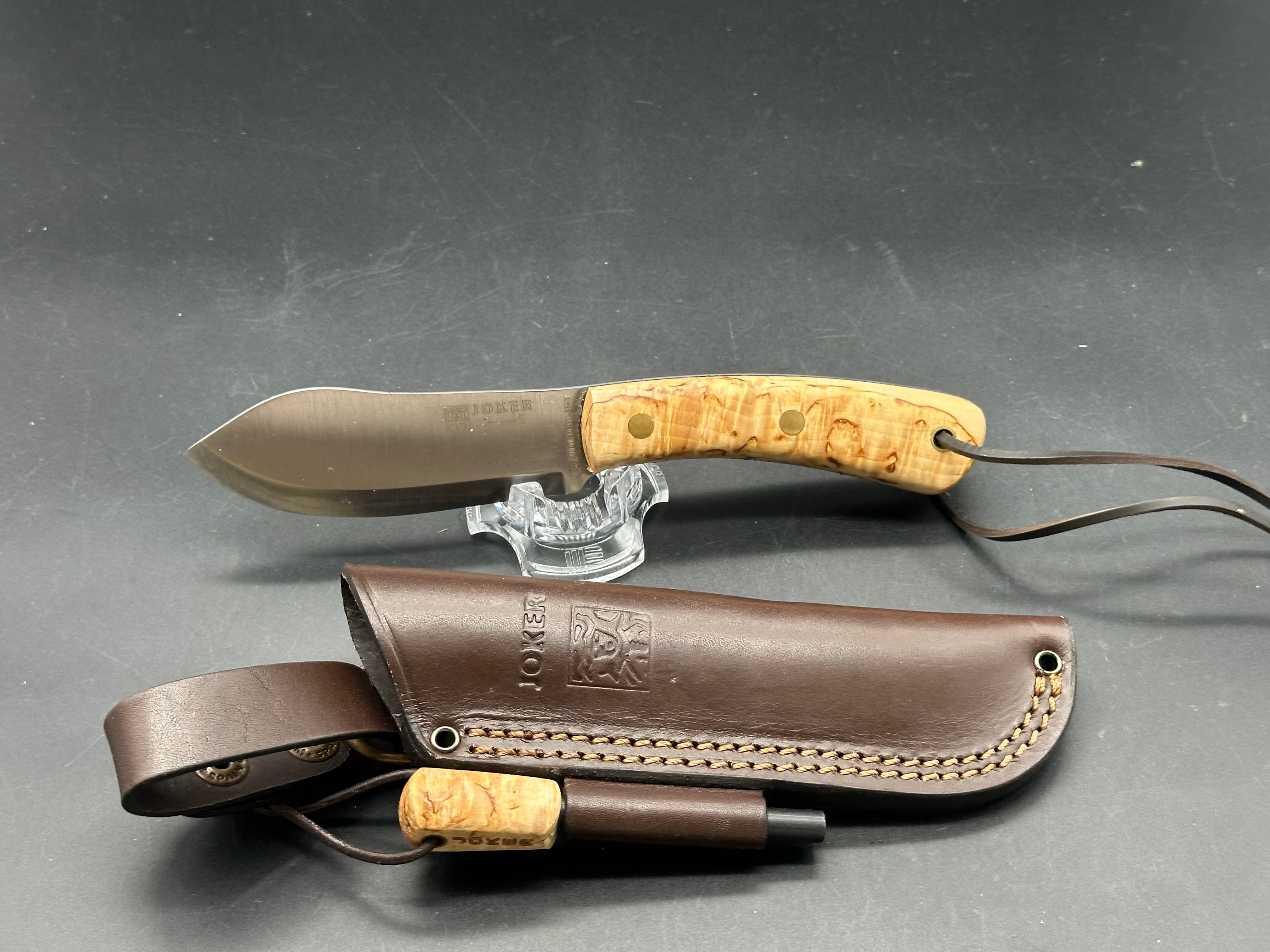 Joker Nessmuk fixed blade knife Curly Birch handle