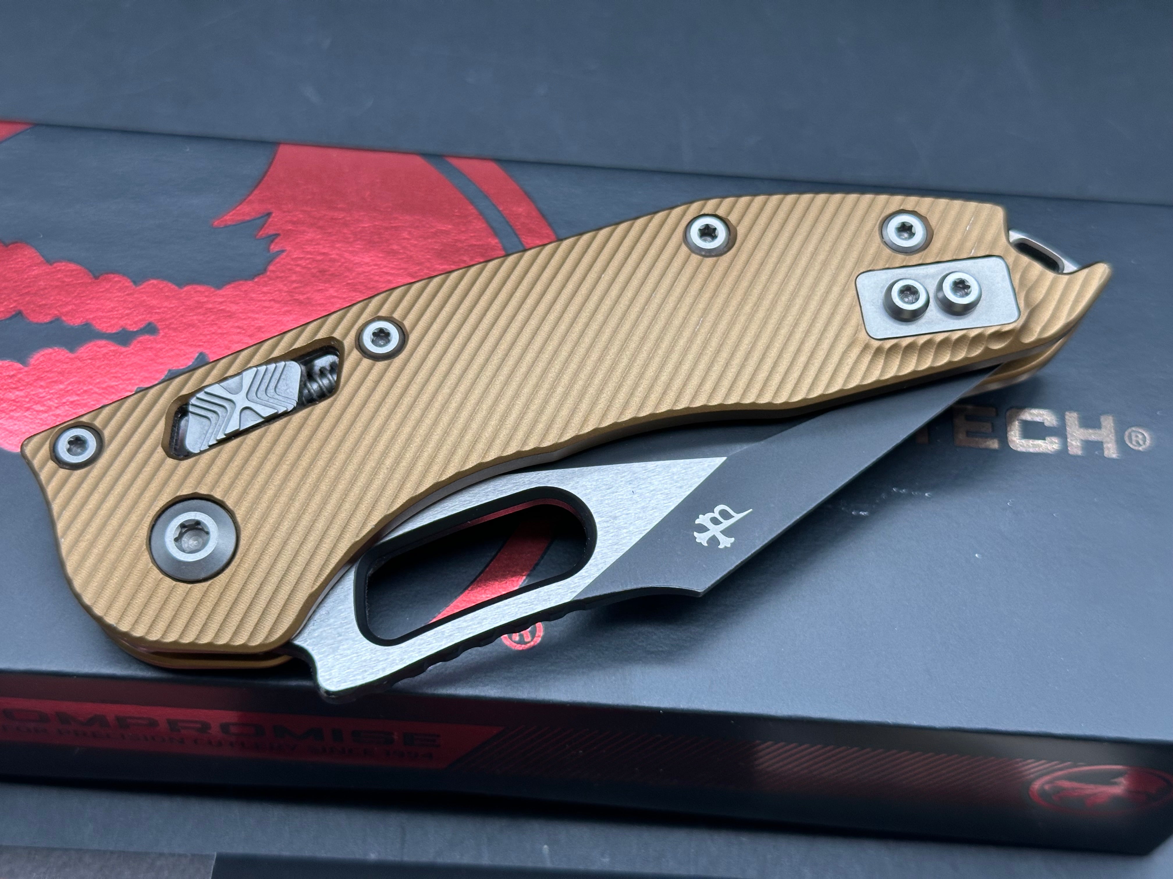 Microtech Borka Stitch Ram-Lock Gold Aluminum handles