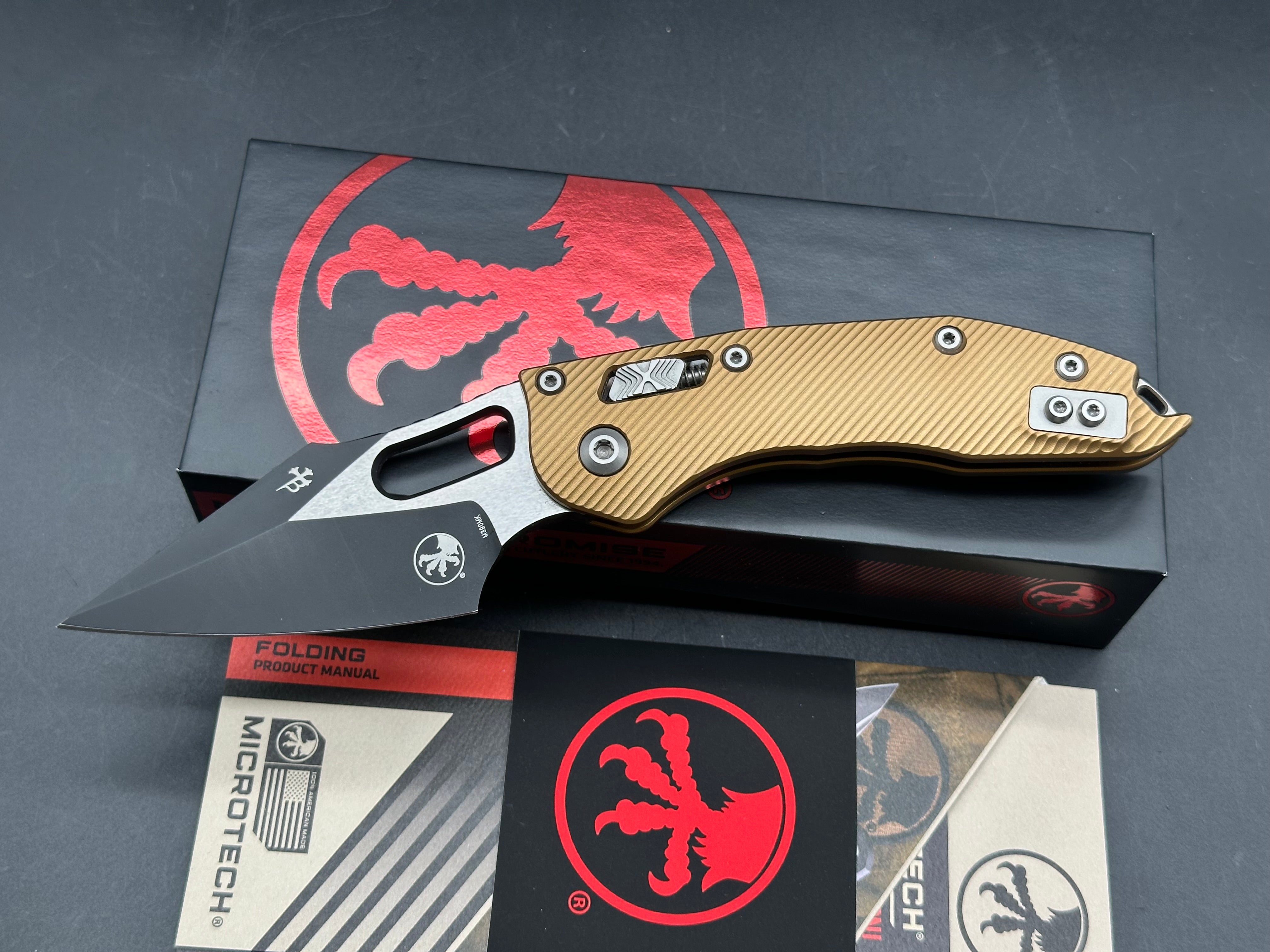 Microtech Borka Stitch Ram-Lock Gold Aluminum handles