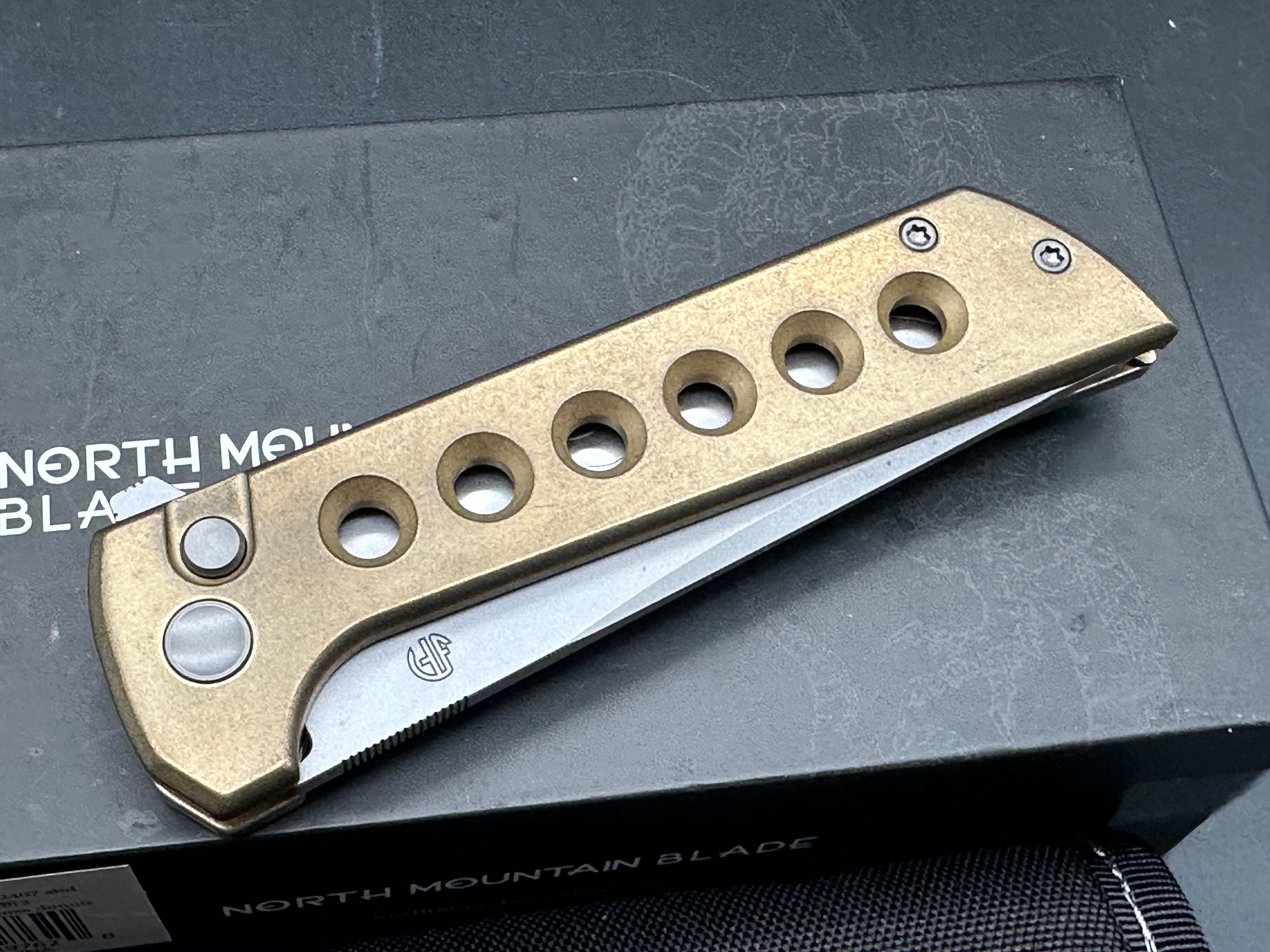 North Mountain Blade Chop 2 Button Lock Flipper Knife 3.5" SLD Hamon Drop Point Blade, Aluminum Bronze Handles with Speed Holes