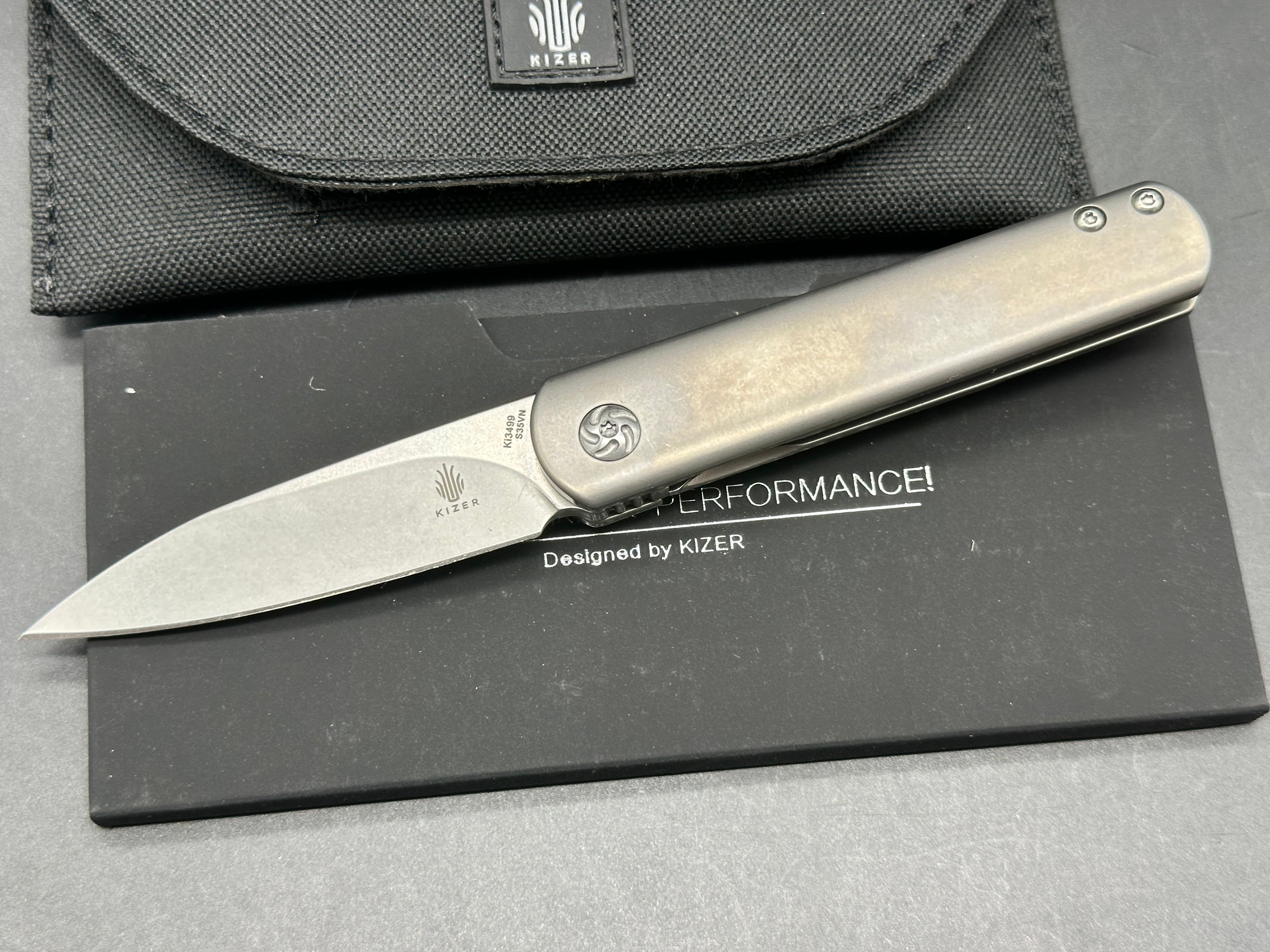 Kizer Feist: Justin Lundquist design. 2.75 inch tumbled CPM-S35VN blade