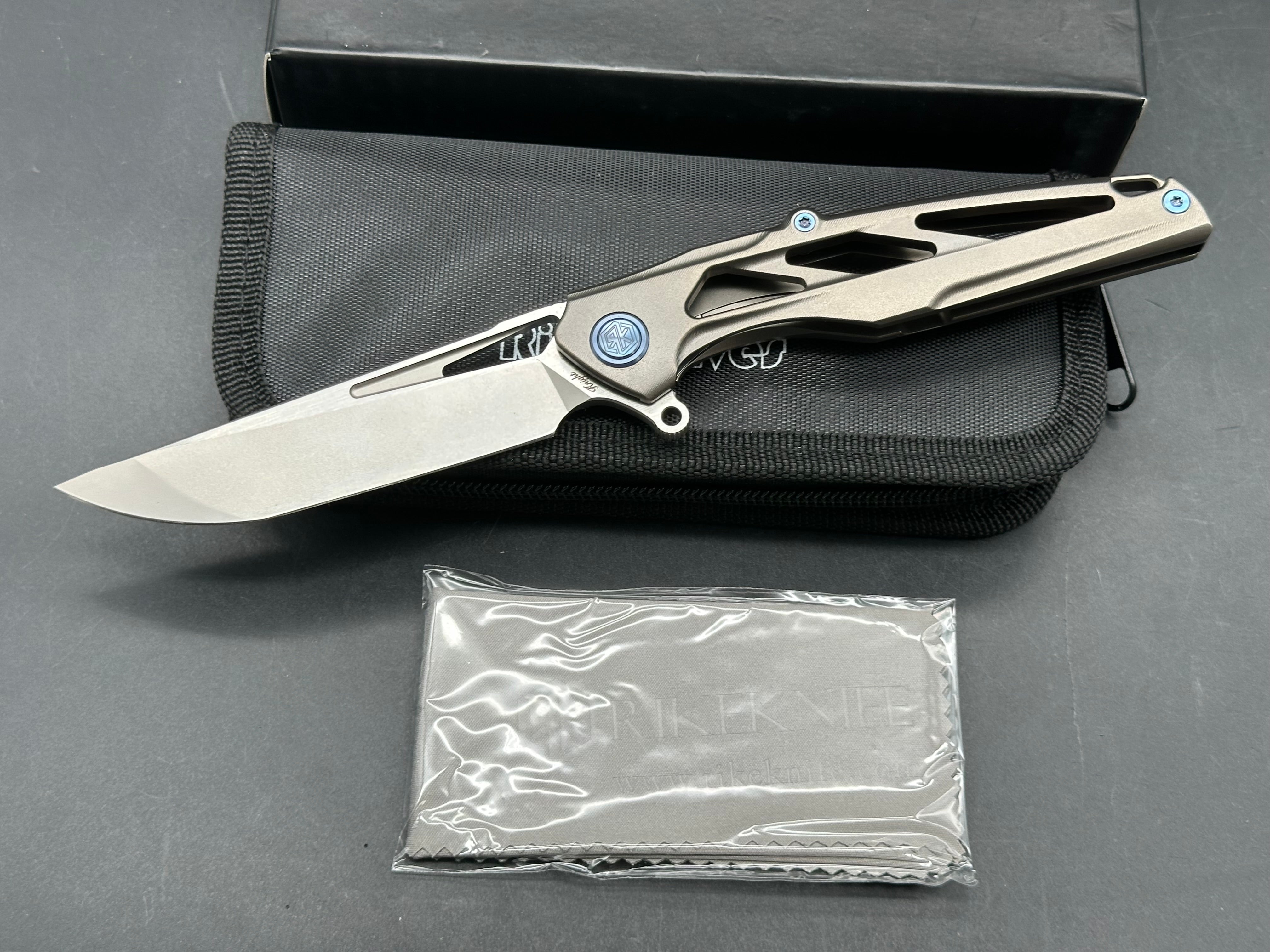 Rike Knives Knight 3.75 inch CPM-N690 tumbled, two tone blade. Titanium handle