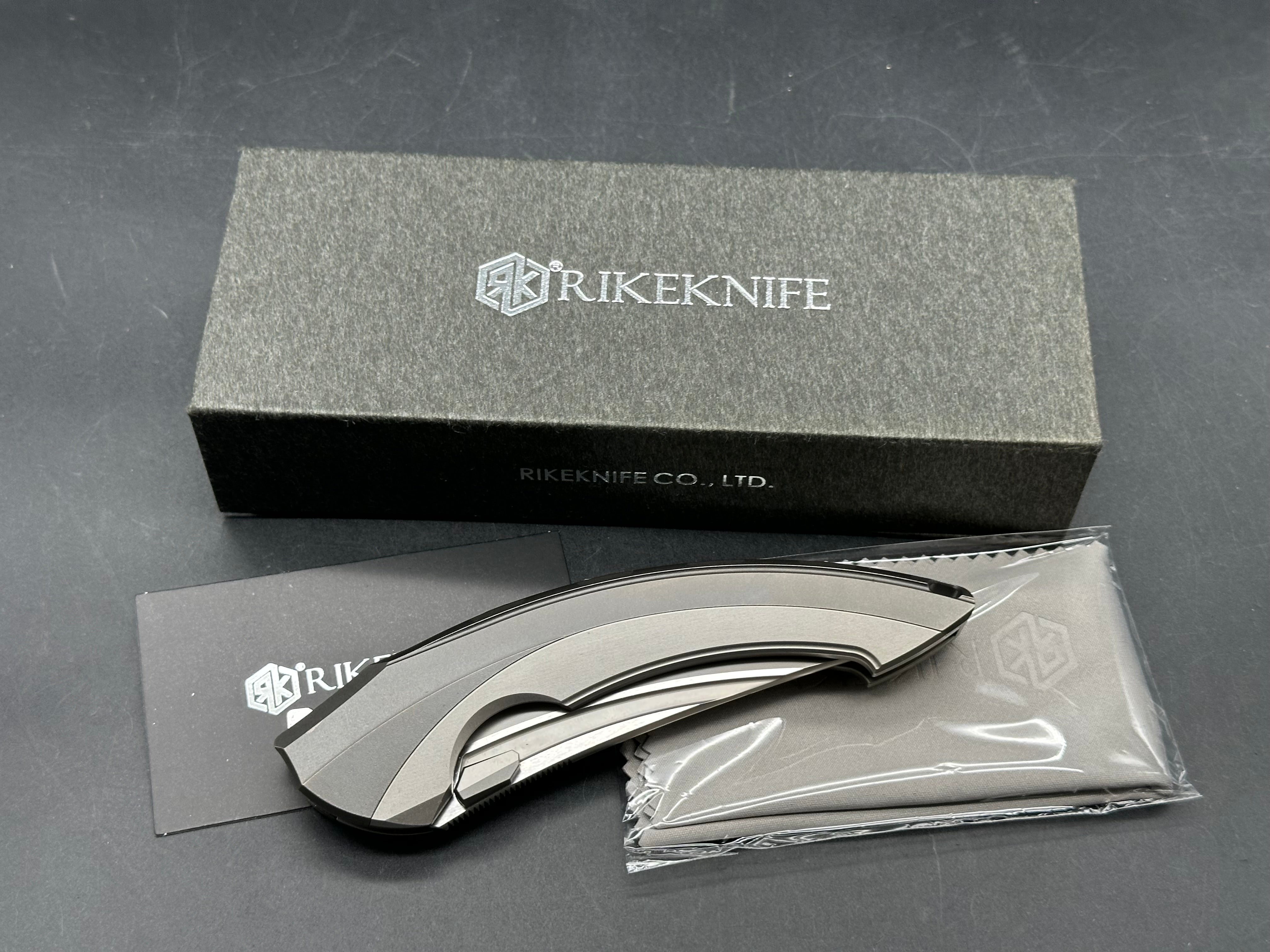 Rike Knives Lamella 3.75 inch CPM-20CV two tone blade with fullers. Titanium pseudo integral frame and liner