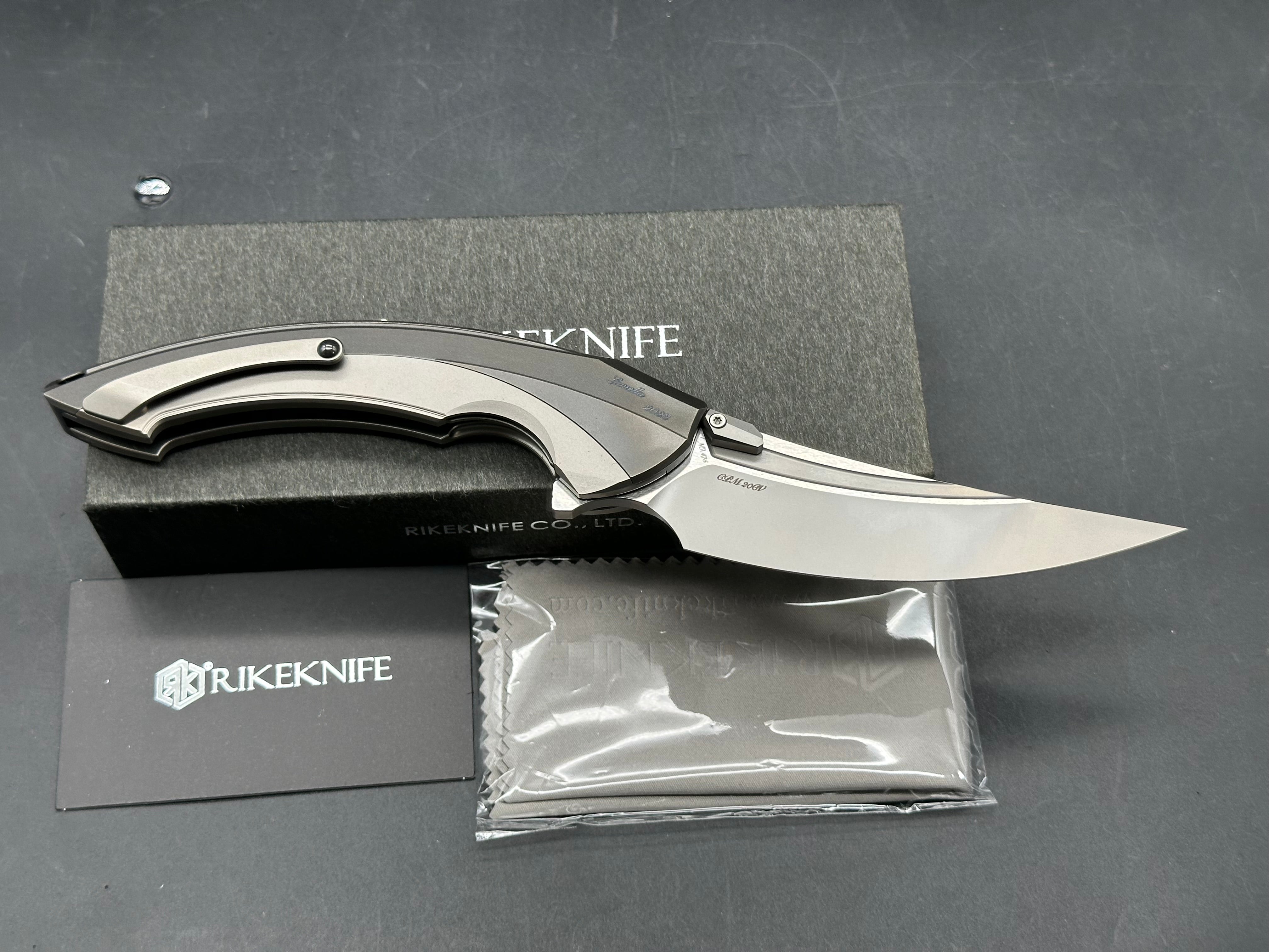 Rike Knives Lamella 3.75 inch CPM-20CV two tone blade with fullers. Titanium pseudo integral frame and liner