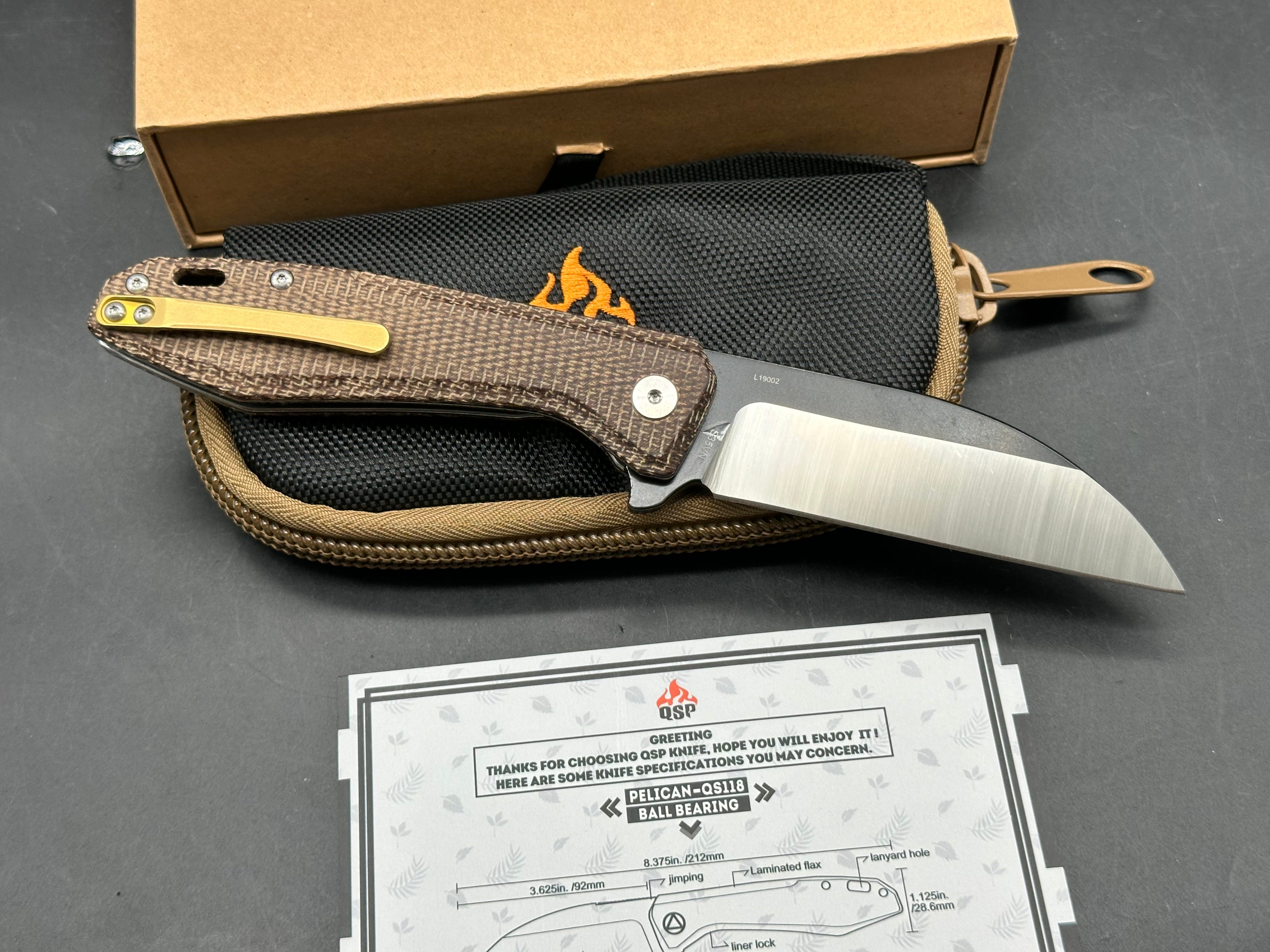 QSP Pelican 3.65 inch CPM-S35VN blade. Liner lock. Brown micarta handle