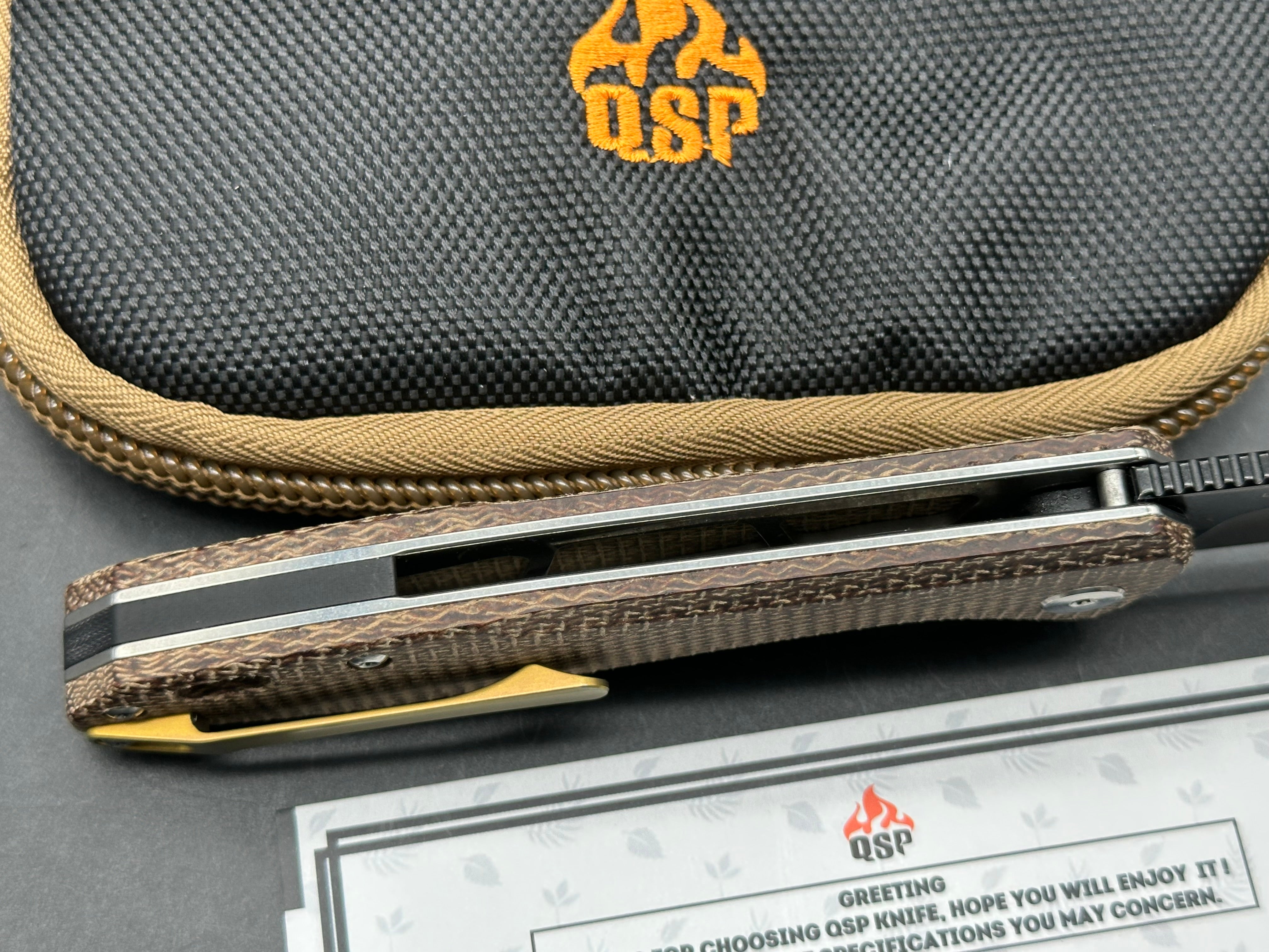 QSP Pelican 3.65 inch CPM-S35VN blade. Liner lock. Brown micarta handle