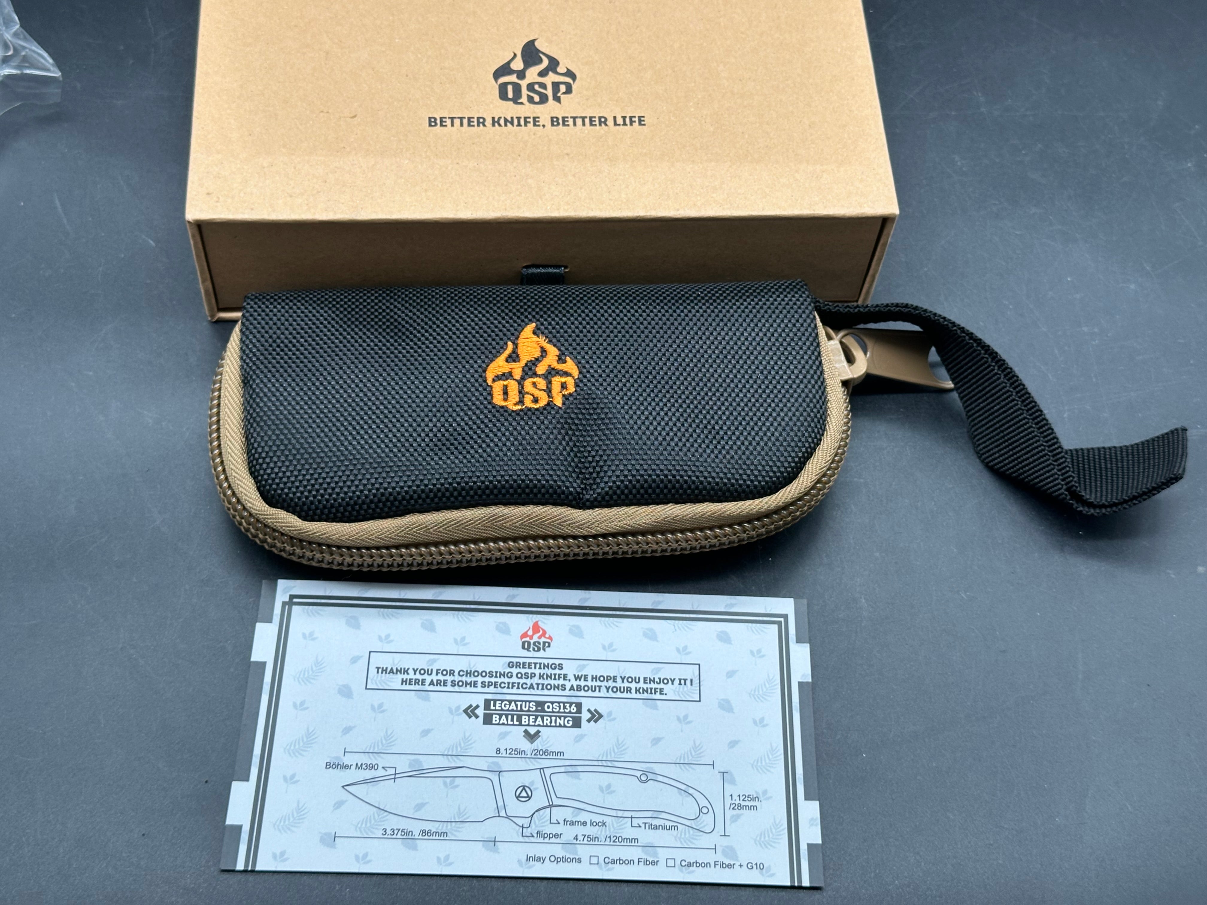 QSP Legatus Gudy Van Poppel design, Dutch Blade Works. 3.375 satin finished, Bohler M390 blade. Blasted titanium frame with carbon fiber insert