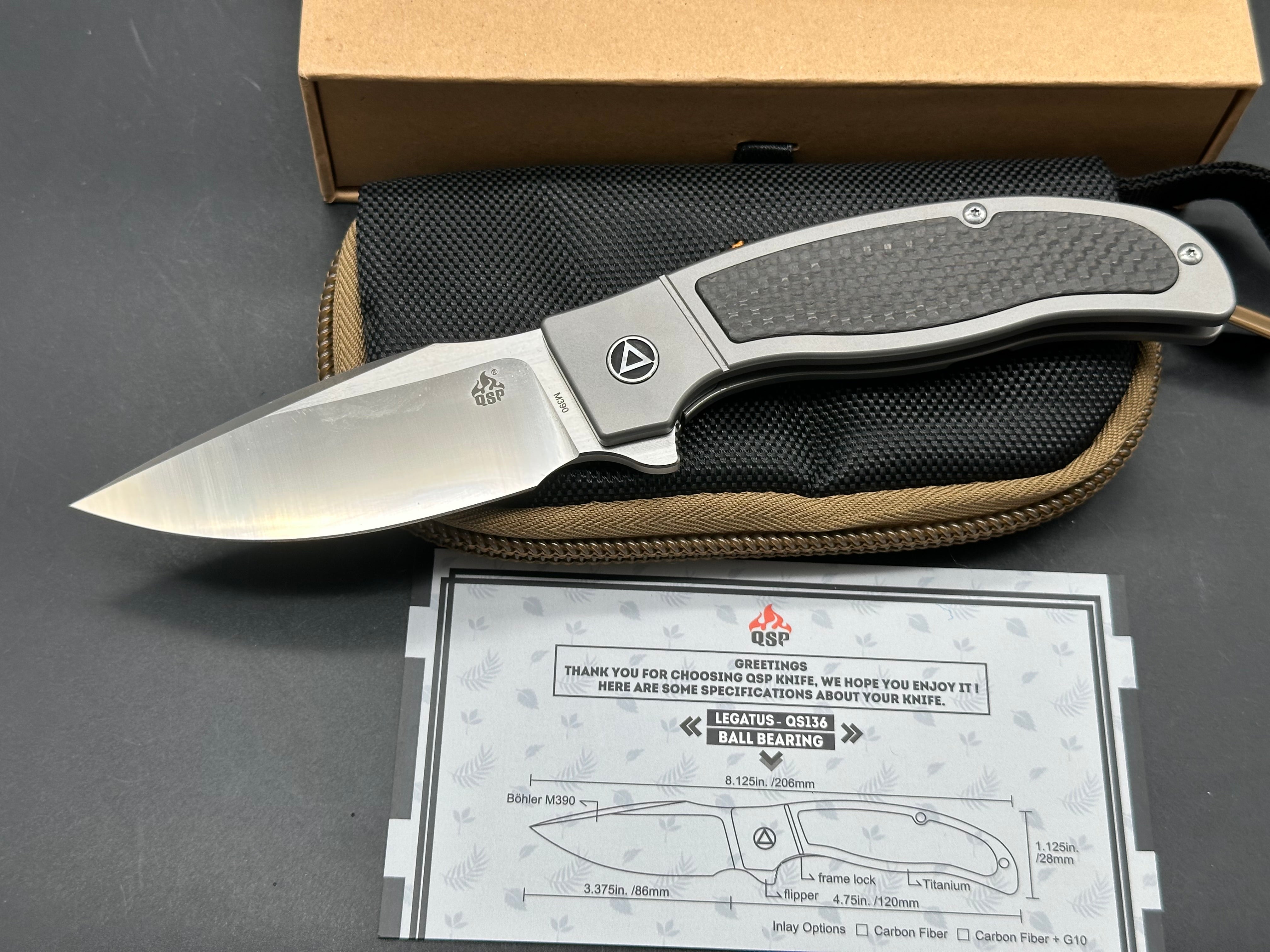 QSP Legatus Gudy Van Poppel design, Dutch Blade Works. 3.375 satin finished, Bohler M390 blade. Blasted titanium frame with carbon fiber insert