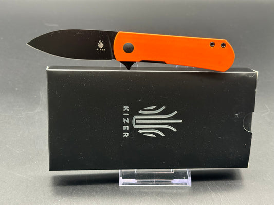 KIZER YORKIE FOLDING KNIFE ORANGE G10 HANDLE NITRO-V DROP POINT PLAIN BLACK BLADE