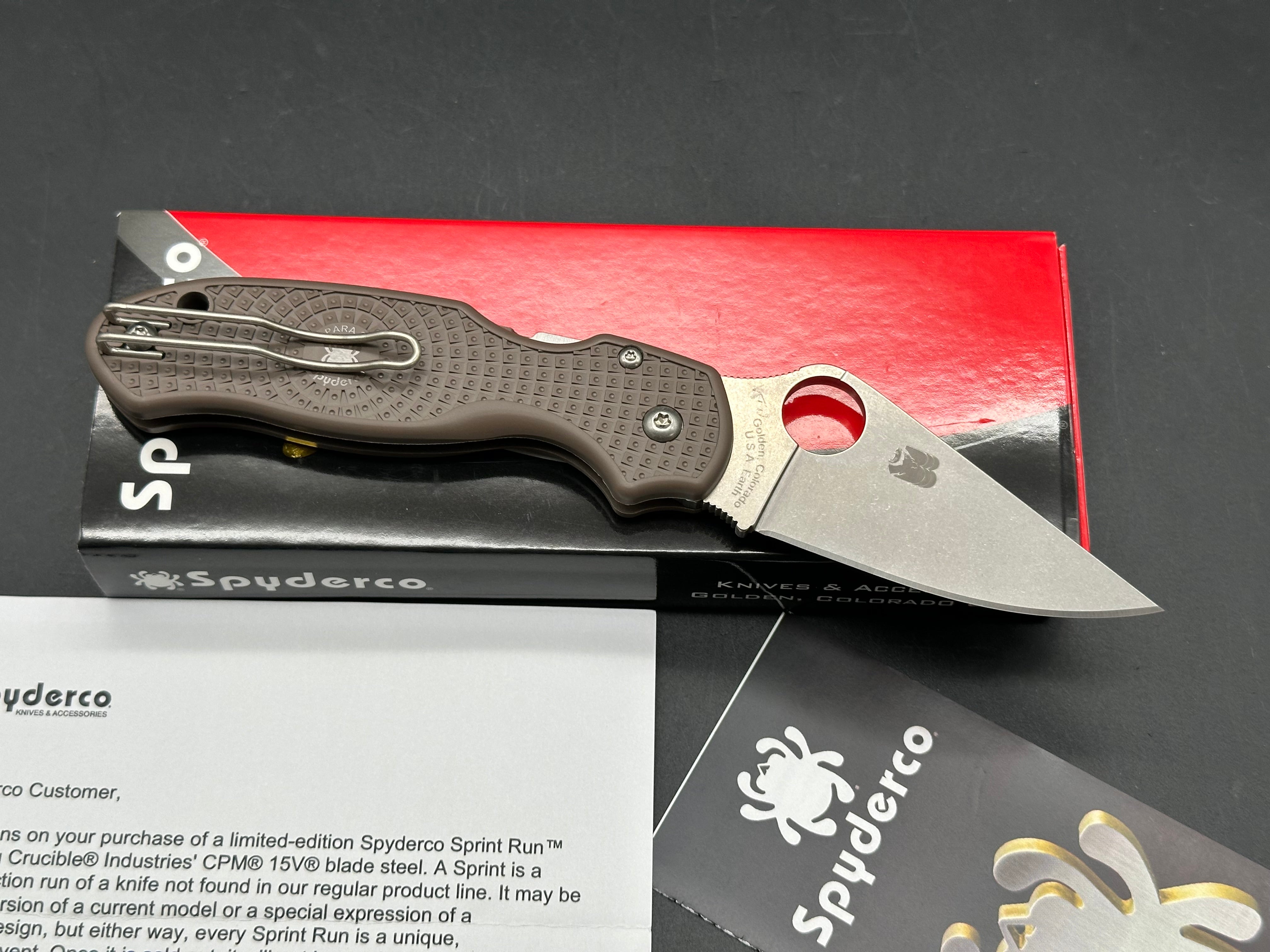 Spyderco Para 3 Lightweight Sprint Run 2.93" CPM 15V Stonewash Blade with Brown FRN Scales