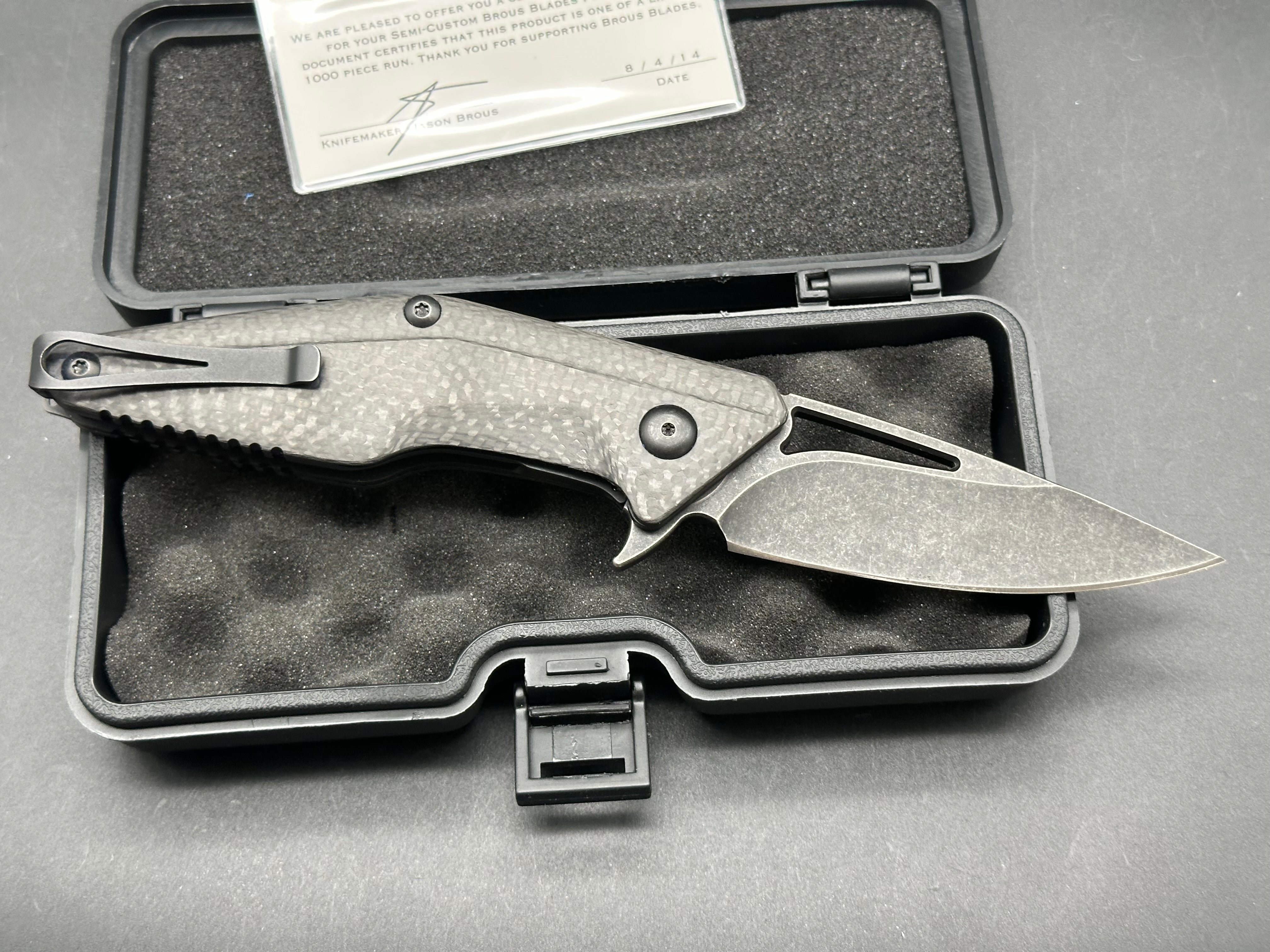 Brous Blades Division carbon fiber scales w/D2 blade