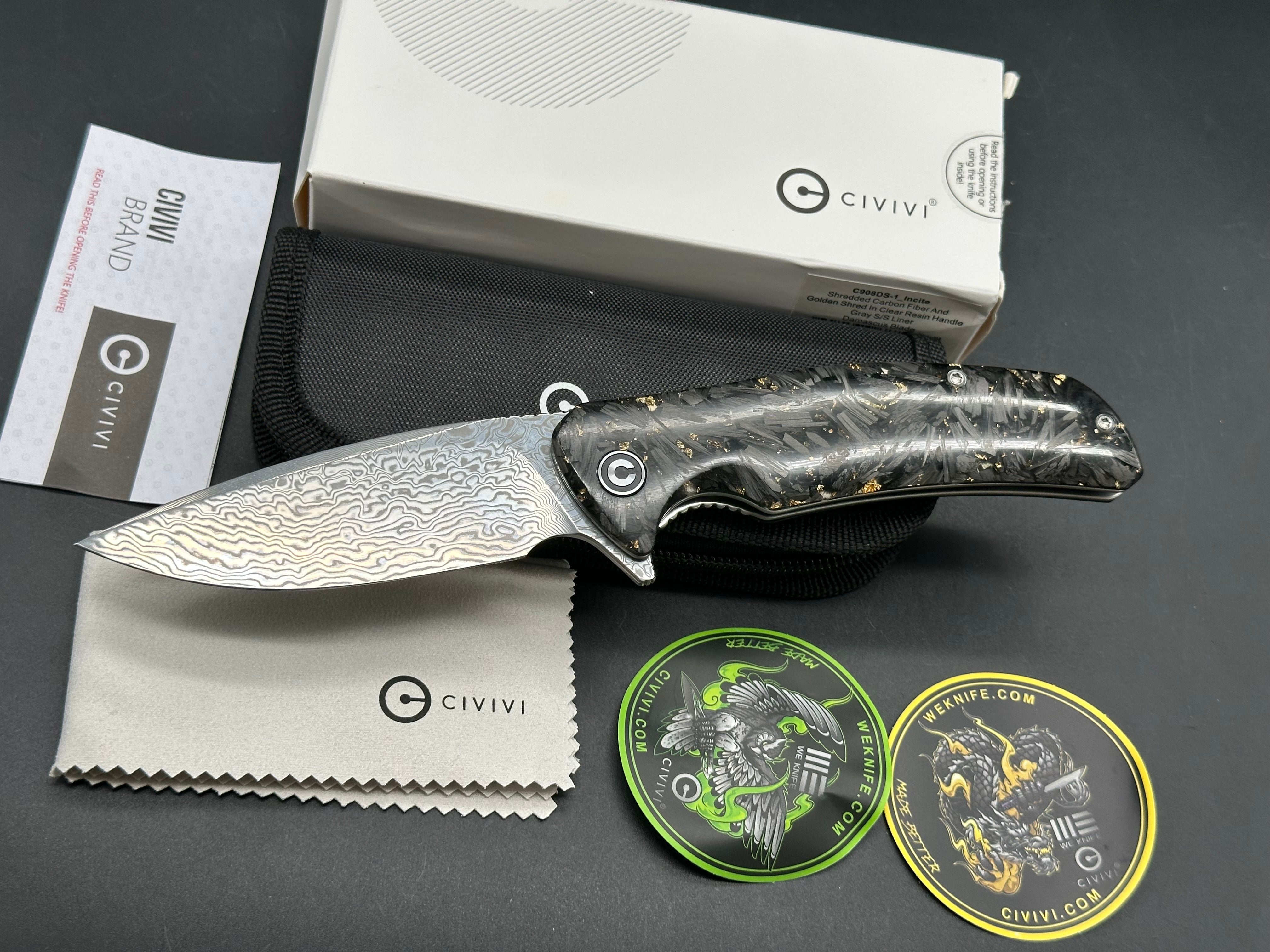 Civivi Incite Shredded Carbon Fiber and Golden Shred in Clear Resin