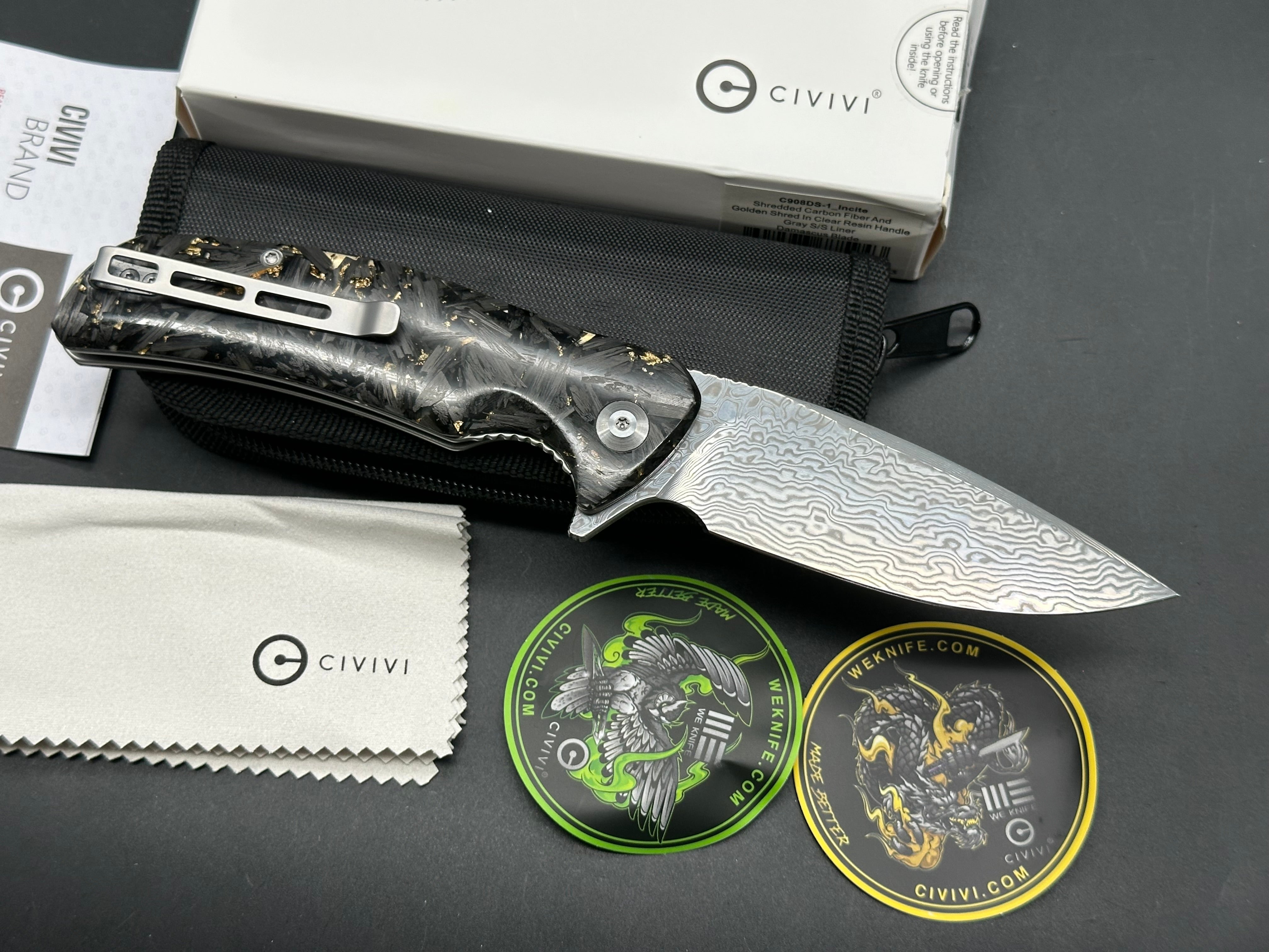 Civivi Incite Shredded Carbon Fiber and Golden Shred in Clear Resin